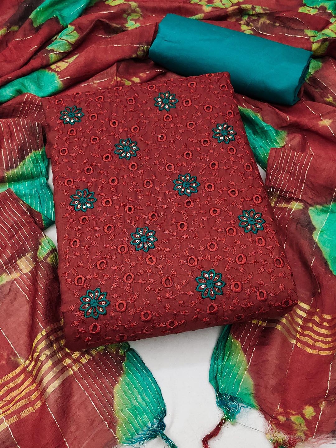 

SAINOOR Floral Embroidered Zora Silk Unstitched Dress Material, Rust