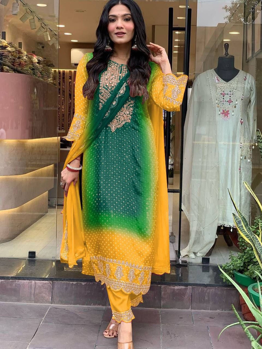 

Bought First Bandhani Printed Round Neck Kurta With Trousers & Dupatta, Yellow