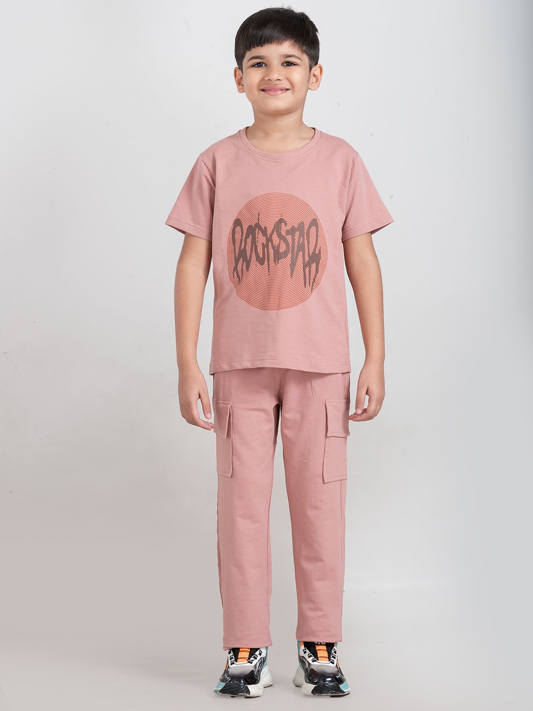 

Taatoom Boys Typography Printed Pure Cotton T-shirt With Joggers, Peach