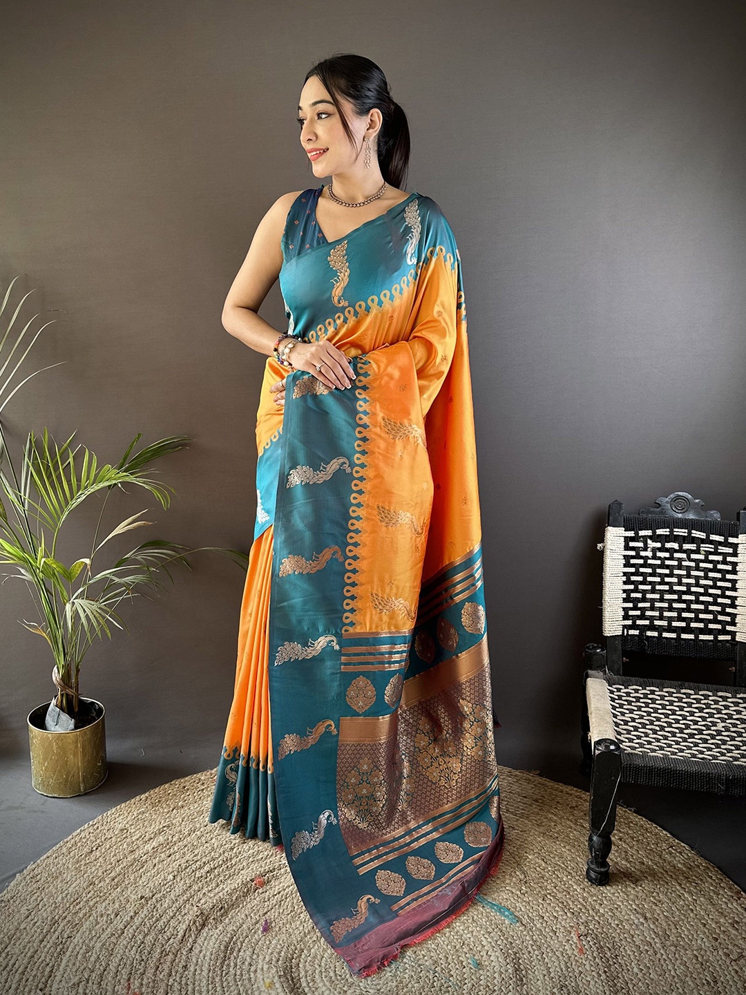 

Mitera Woven Design Zari Silk Blend Banarasi Saree, Orange