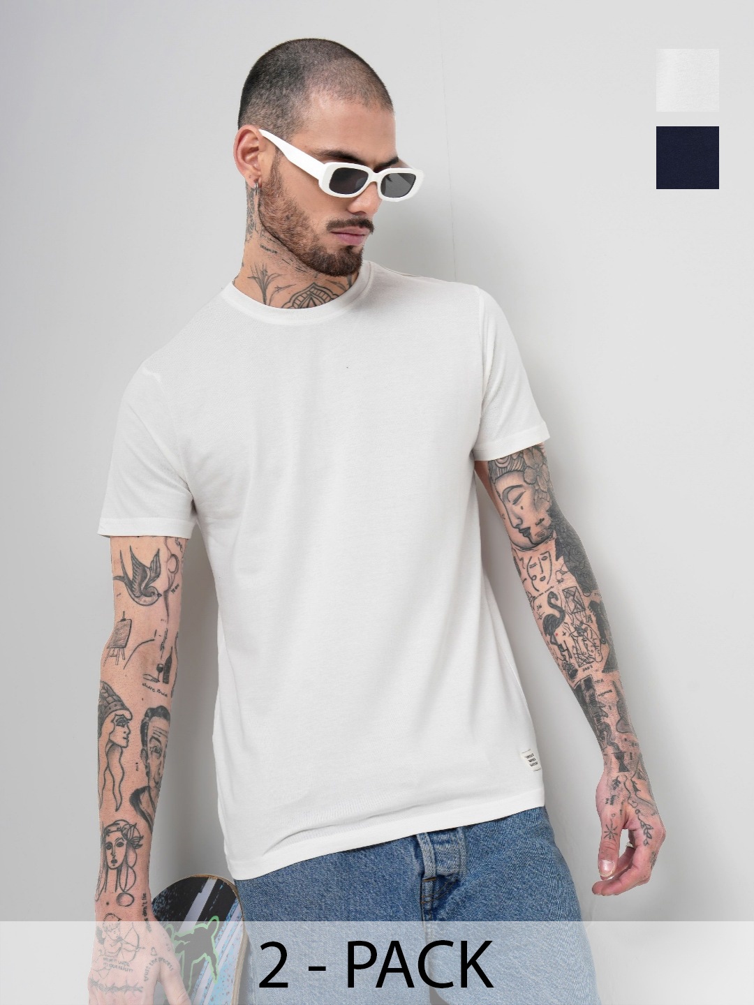 

Genoa Men Pack of 2 Solid Round Neck Slim Fit Cotton T-shirts, Off white