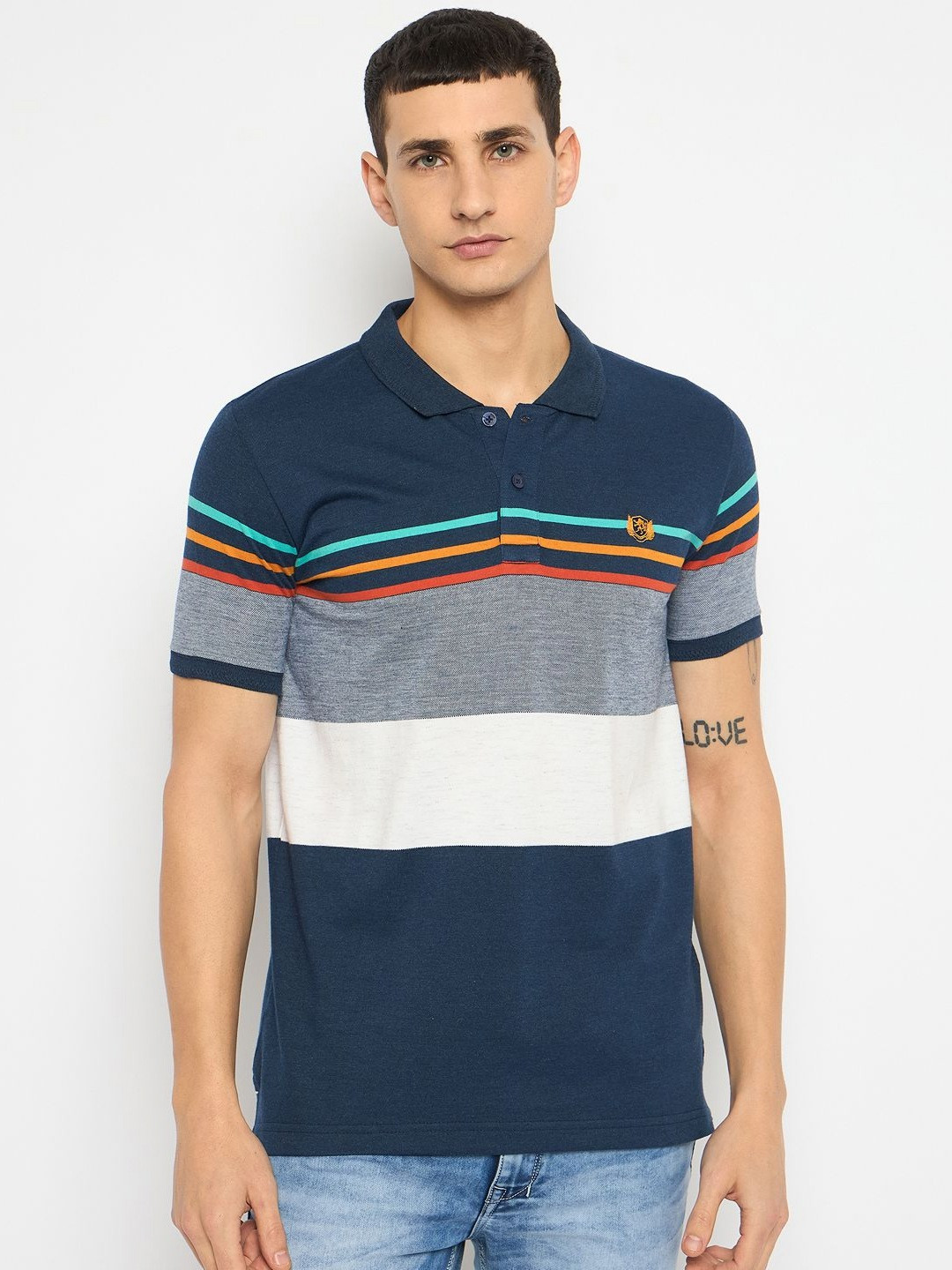 

Duke Men Colourblocked Polo Collar Cotton T-shirt, Blue