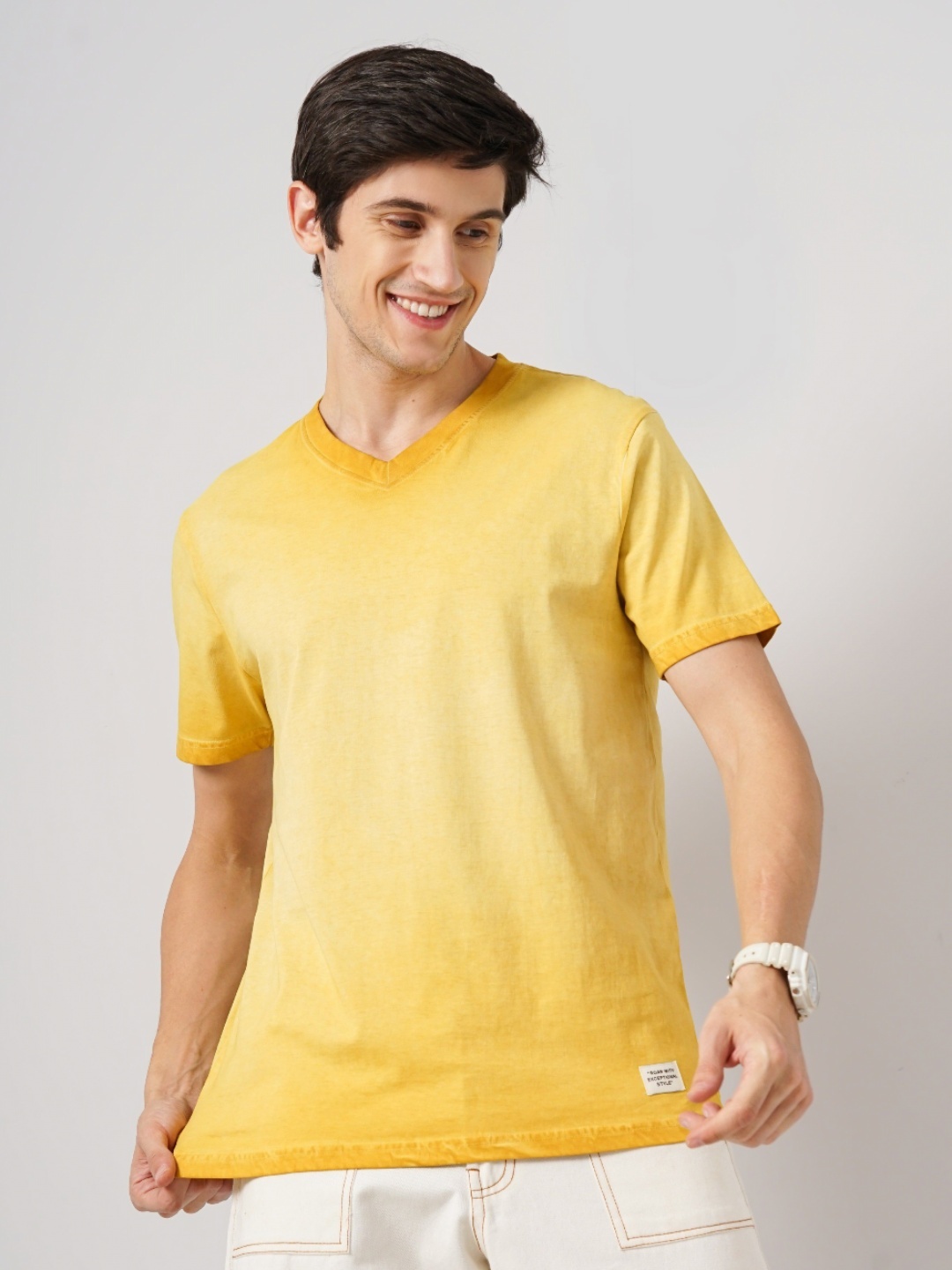 

Genoa Men Tie and Dye Dyed V-Neck Slim Fit T-shirt, Yellow