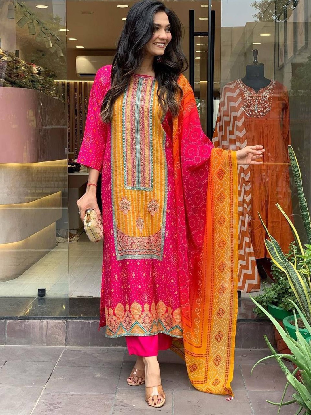 

Bought First Bandhani Printed Round Neck Stone Work Kurta With Trouser & Dupatta, Pink