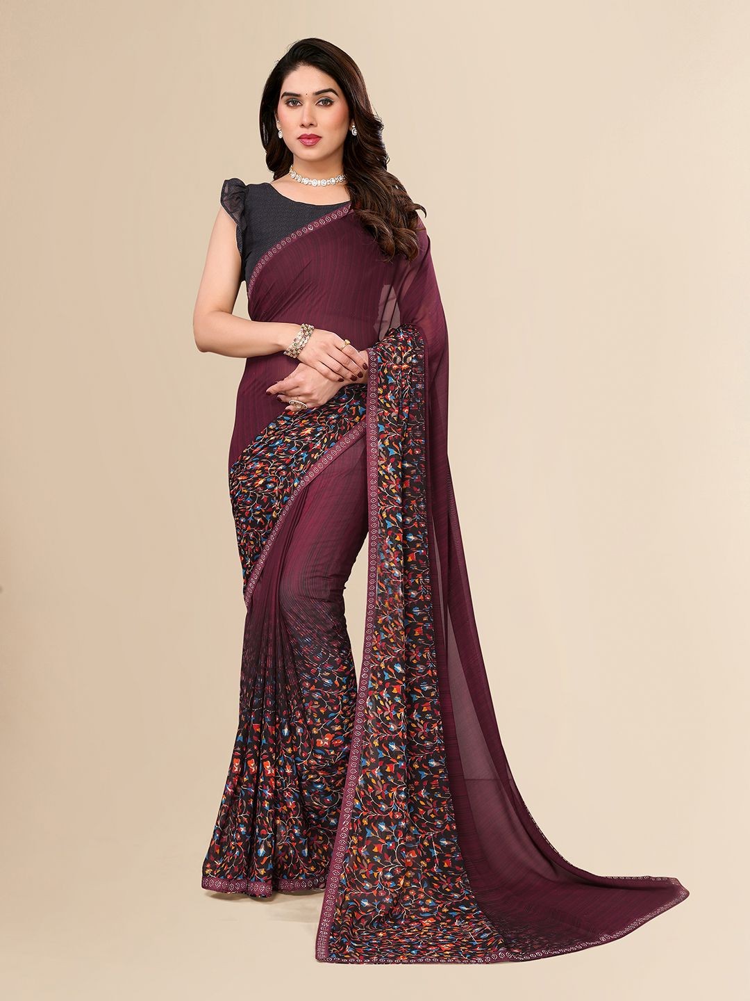 

Moda Rapido Floral Printed Beads and Stones Embellished Saree, Maroon