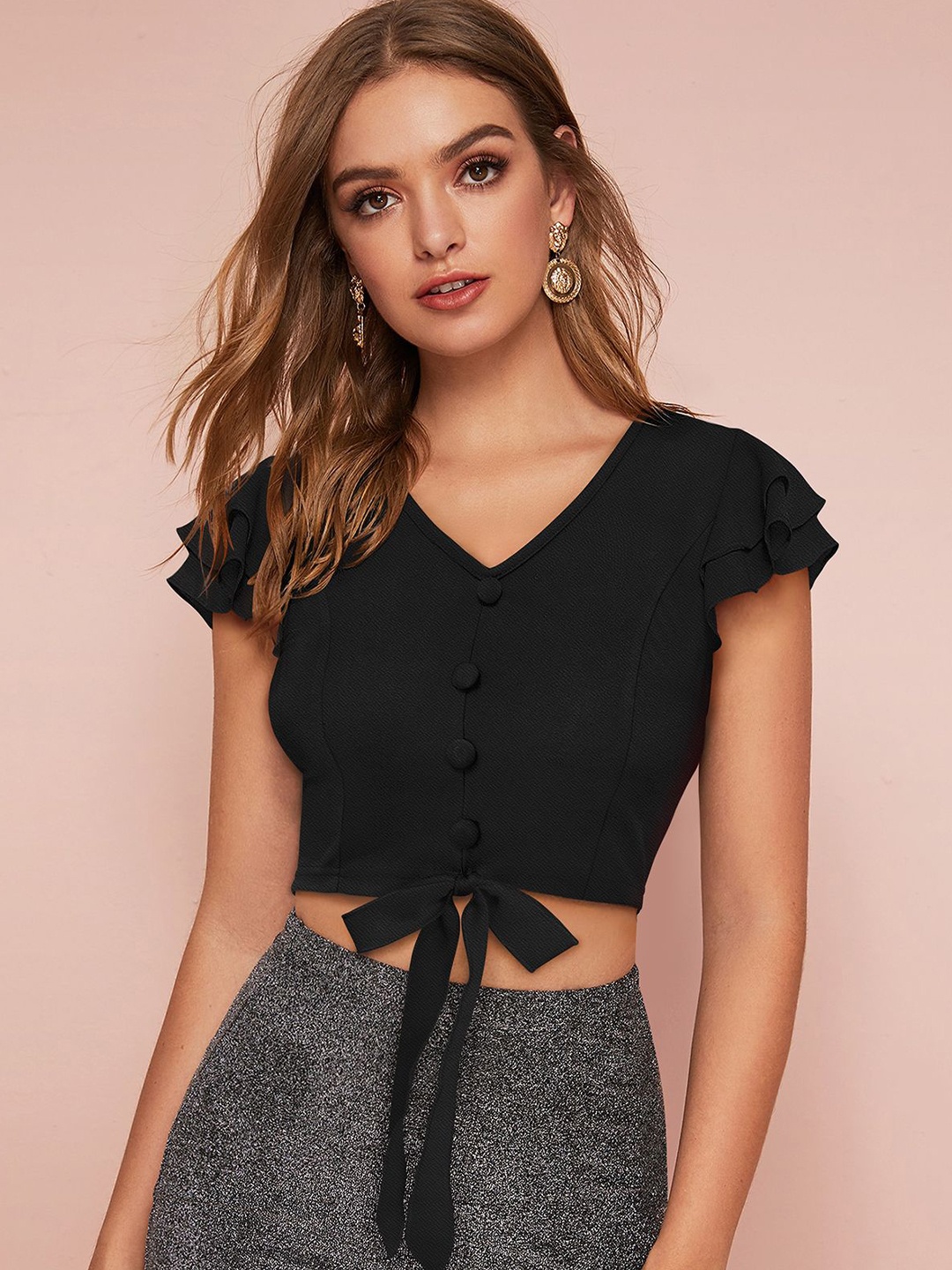 

CORSICA Flutter Sleeve Crop Top, Black
