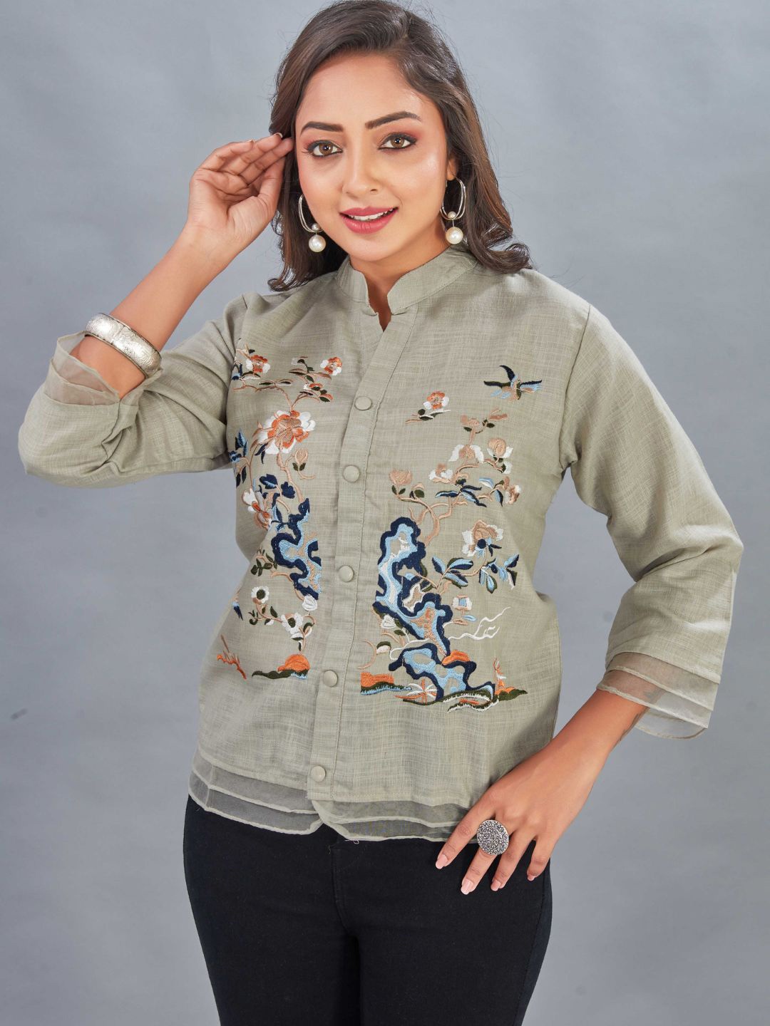 

Puretouch Mandarin Collar Embroidered Tunic, Grey