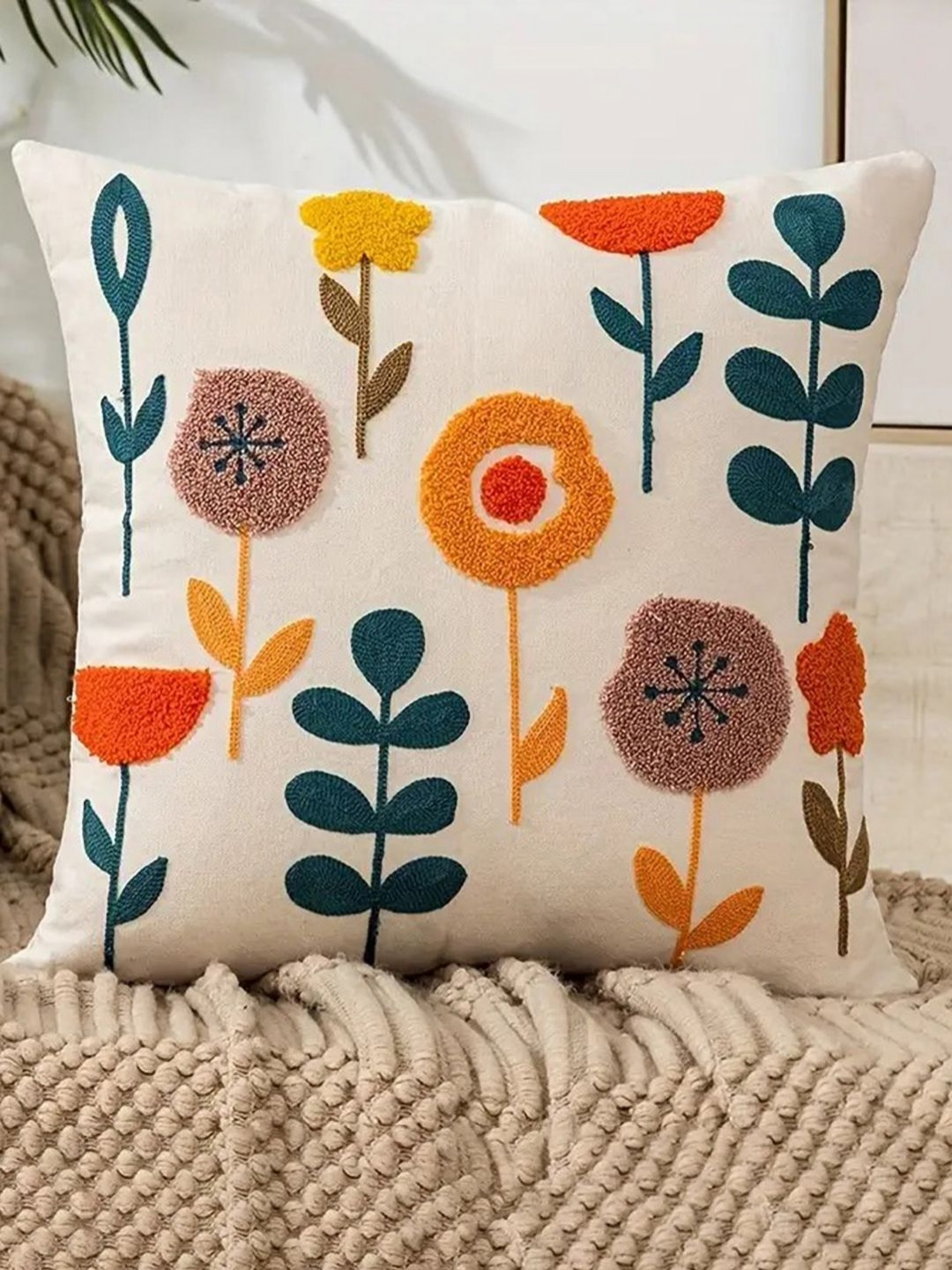 

DecorTwist White & Orange Set of 3 Embroidered Square Cushion Covers