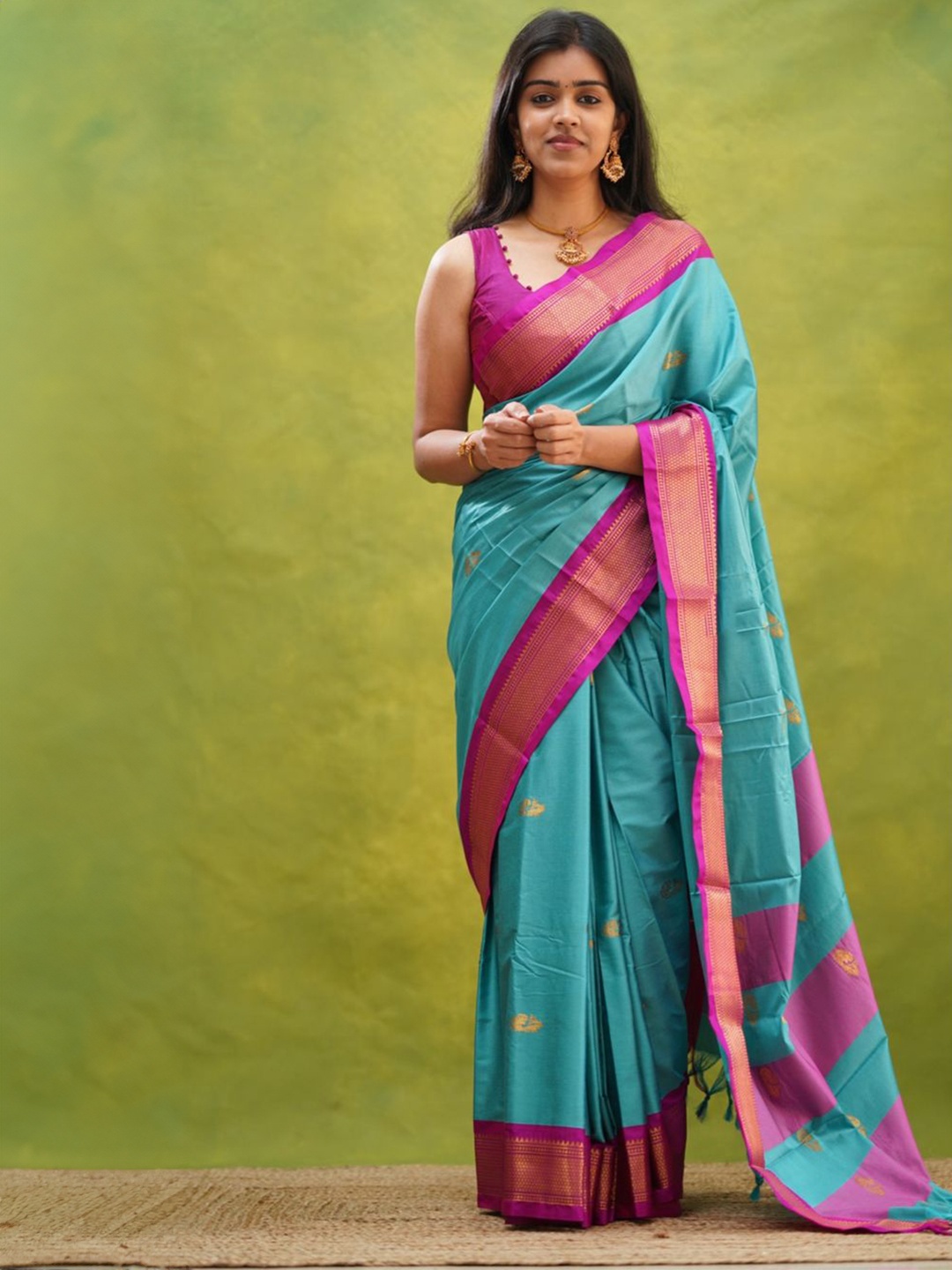 

yourwish Ethnic Motifs Zari Silk Cotton Kanjeevaram Saree, Blue