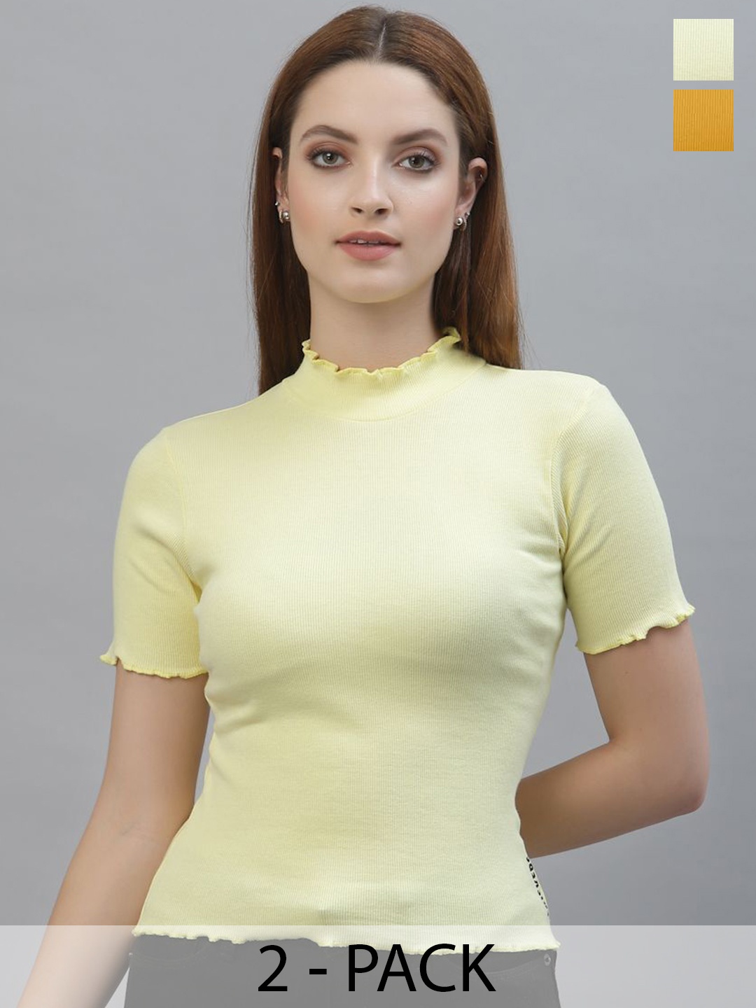 

Friskers Women Pack of 2 High Neck Cotton Fitted Crop Top, Yellow