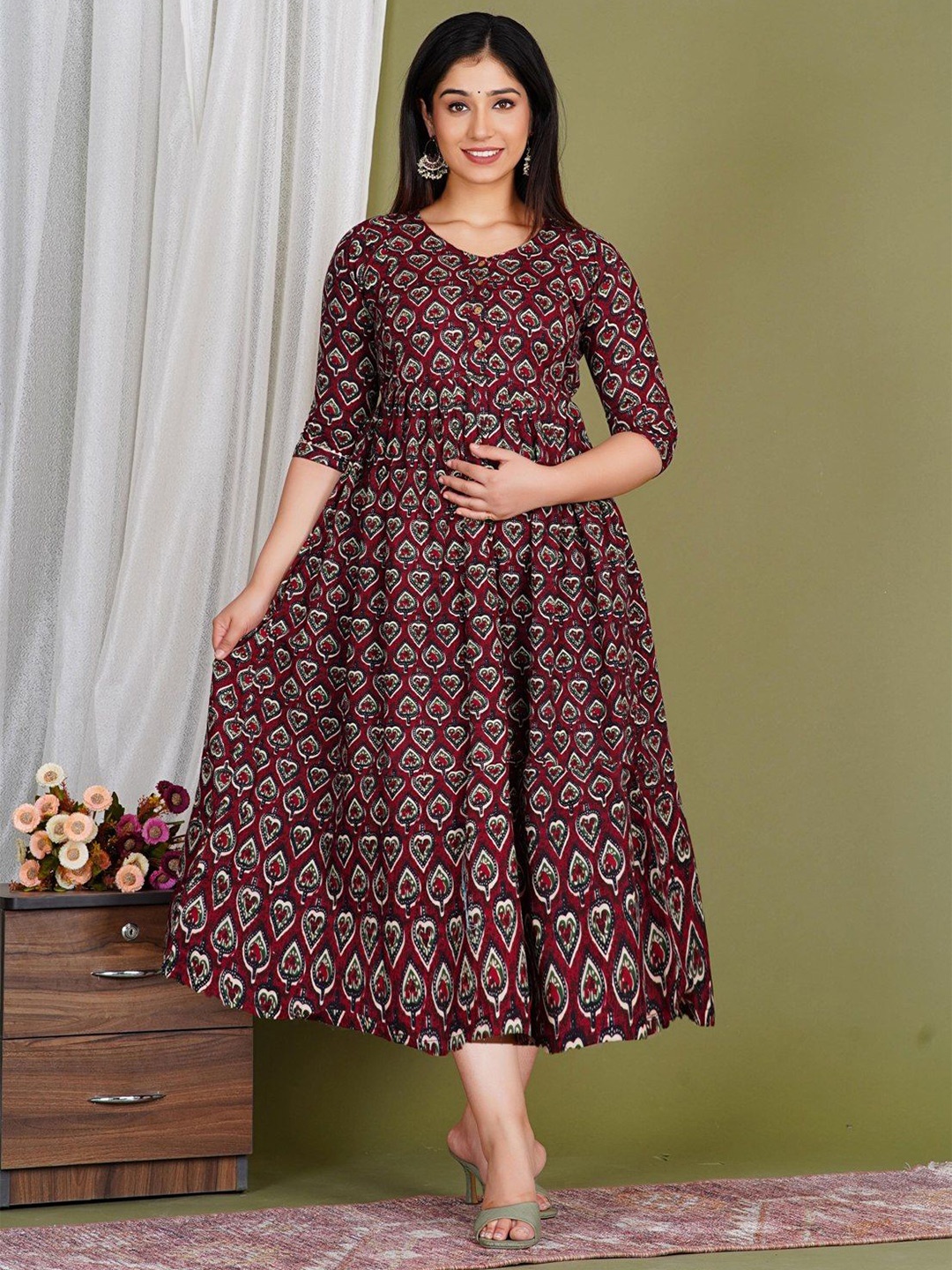 

Moda Rapido Floral Printed Maternity Feeding Dress With Zipper, Maroon