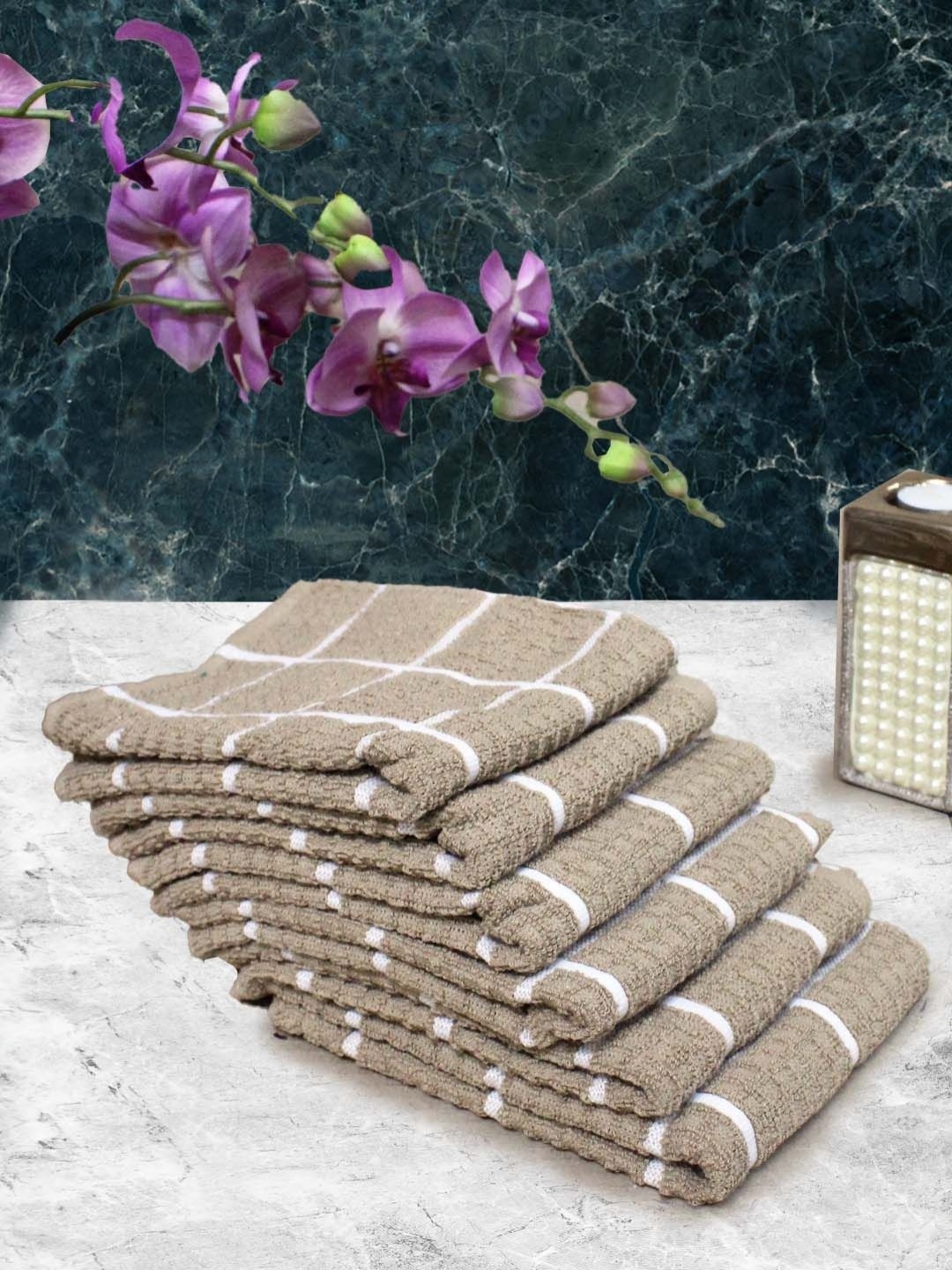 

Aura Brown & White 6 Pieces Checked Pure Cotton Super Absorbent & Quick Dry Hand Towels, Beige