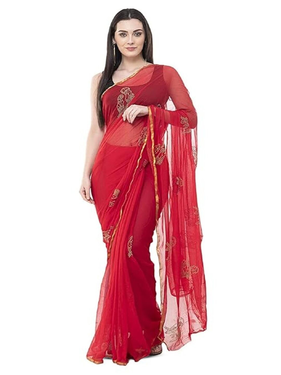 

DURGA EMPORIO Floral Pure Chiffon Saree, Red