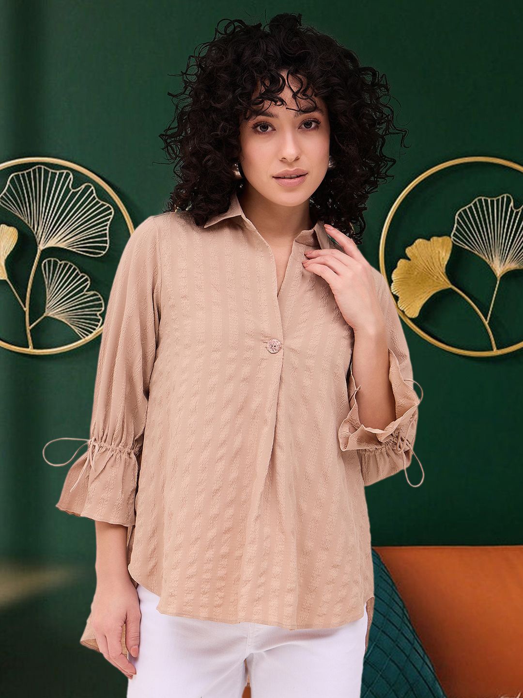 

CORSICA Flutter Sleeve Shirt Style Top, Beige
