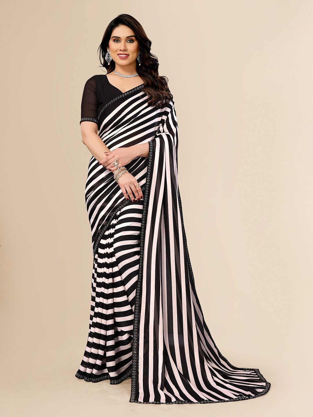 

Moda Rapido Striped Beads and Stones Embellished Saree, Black