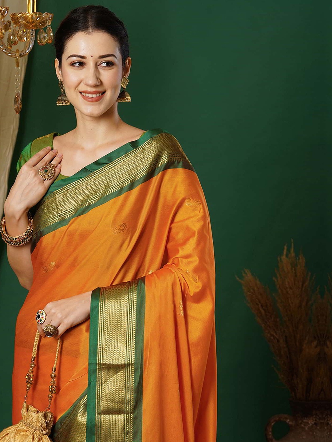 

yourwish Ethnic Motifs Zari Silk Cotton Banarasi Saree, Orange