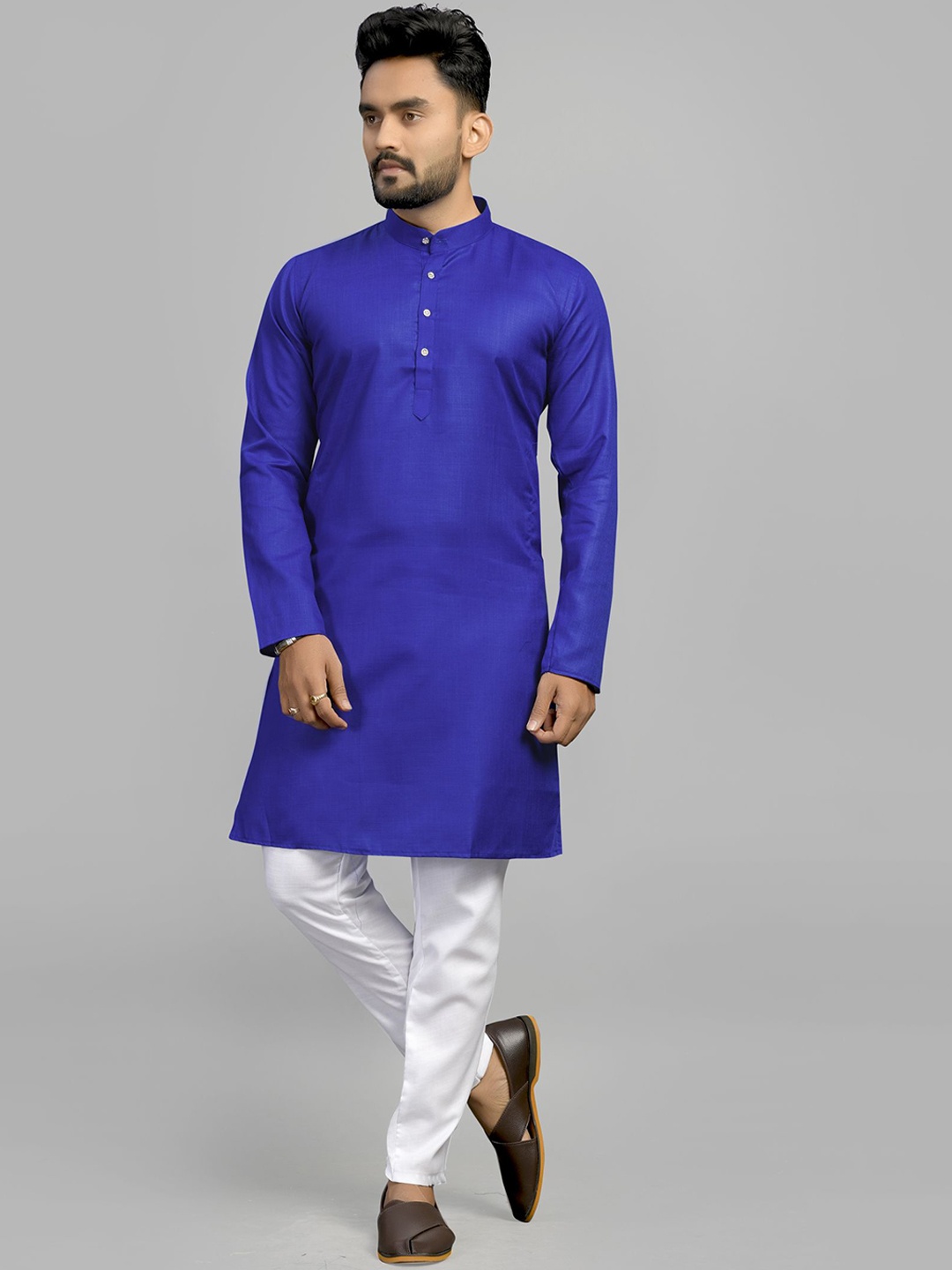 

Fashion FRICKS Band Collar Cotton Straight Kurta, Blue