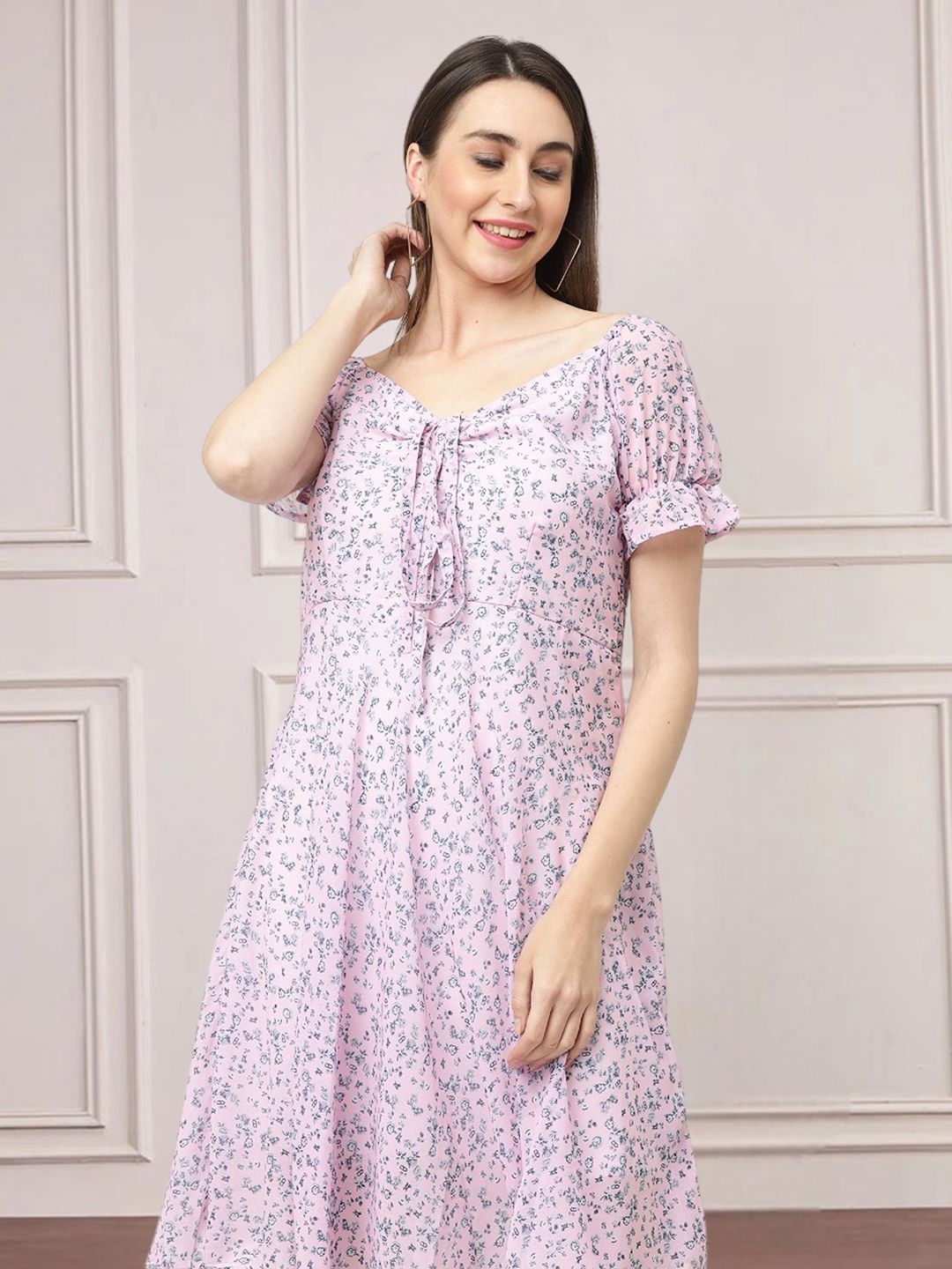

Moda Rapido Floral Print Tie-Up Neck Applique Fit & Flare Dress, Pink