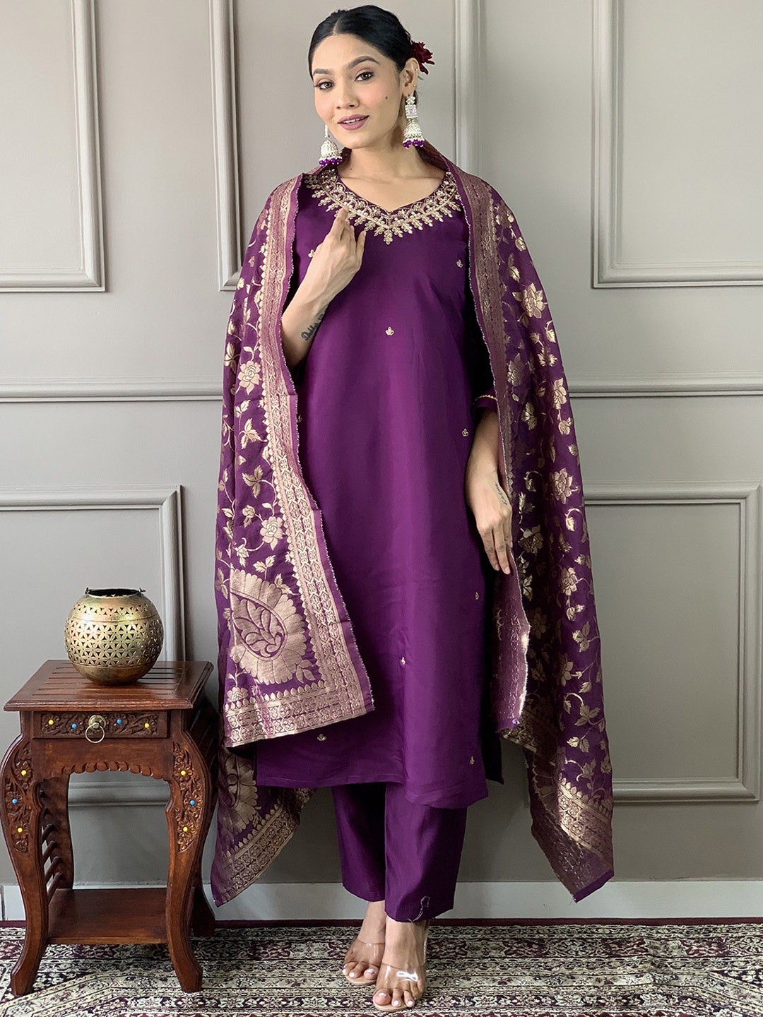 

KALINI Floral Embroidered Round Neck Straight Chanderi Silk Kurta with Trousers & Dupatta, Purple