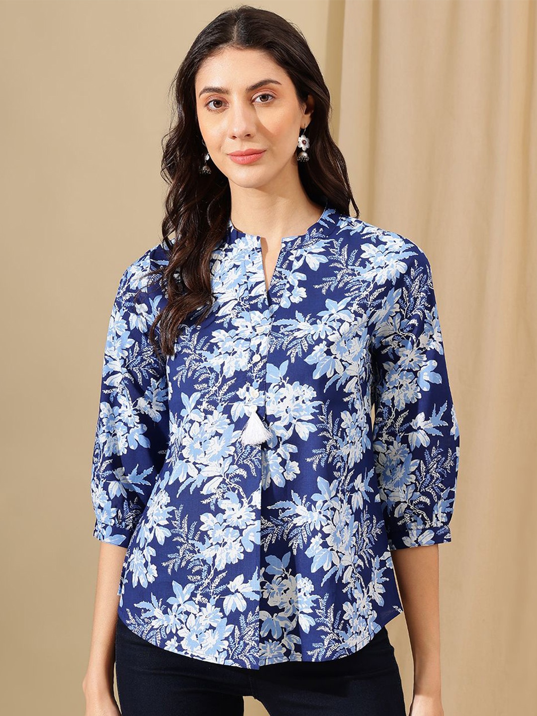 

KALINI Floral Print Mandarin Collar Cotton Top, Blue