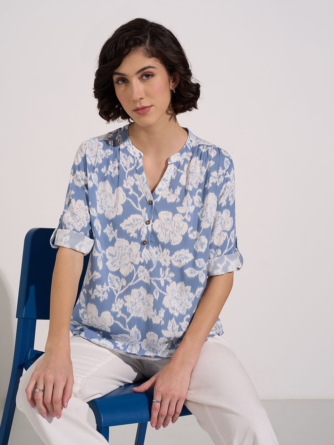 

Honey by Pantaloons Women Floral Printed Mandarin Collar Roll-Up Sleeves Shirt Style Top, Blue