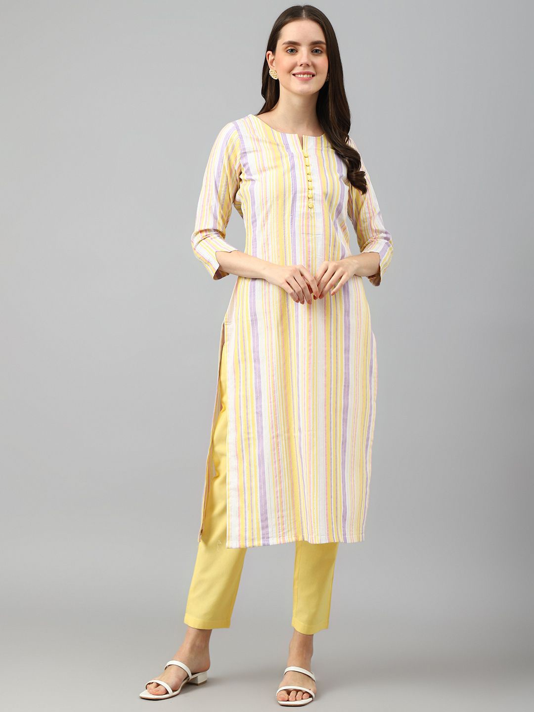 

DIVASTRI Striped Notch Neck Jacquard Straight Kurta With Trousers, Yellow