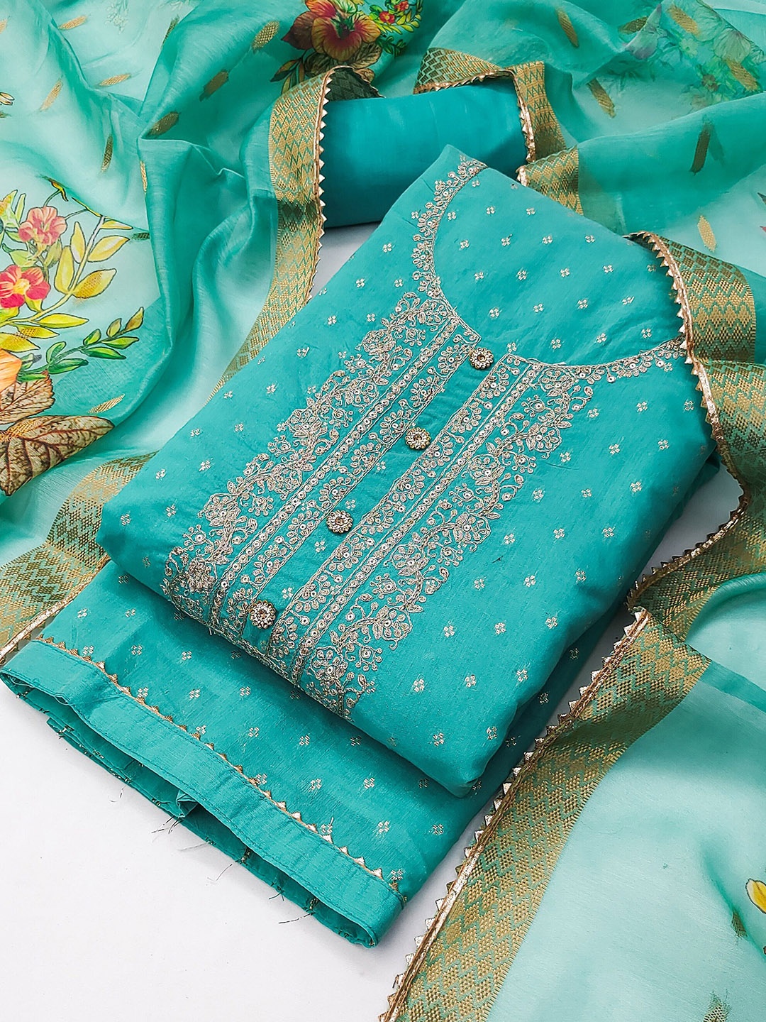 

Riti Floral Embroidered Sequinned Chanderi Silk Unstitched Dress Material, Blue