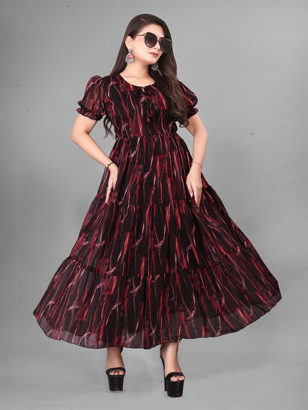 

KRISHTI CREATION Print Puff Sleeve Georgette Fit & Flare Maxi Dress, Black