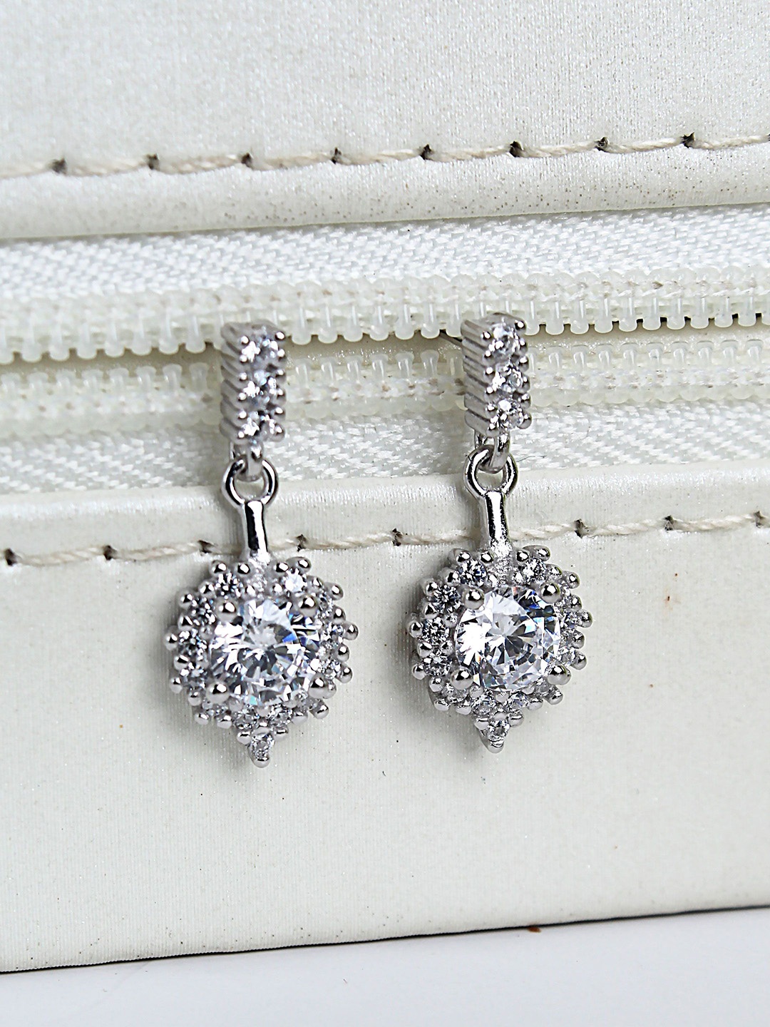 

DEVASHREE 925 Sterling Silver Rhodium-Plated CZ Studded Contemporary Shaped Drop Earrings, White