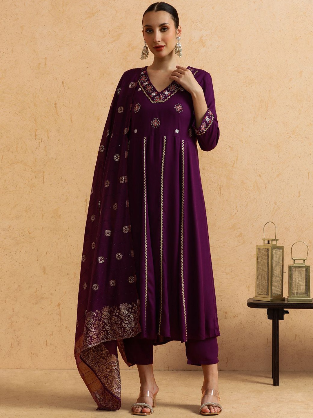 

STYLEBAAZI Floral Embroidered V-Neck A-Line Thread Work Kurta With Trousers And Dupatta, Purple
