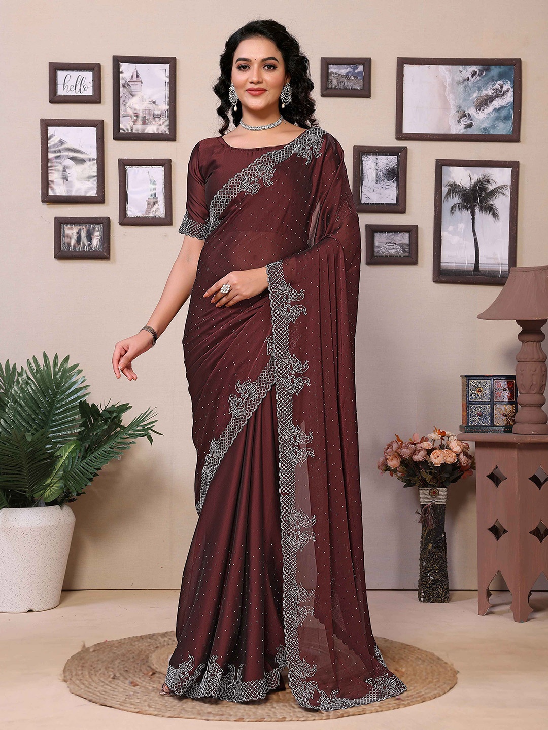 

Rhey Beads and Stones Emebllished Pure Georgette Saree, Brown