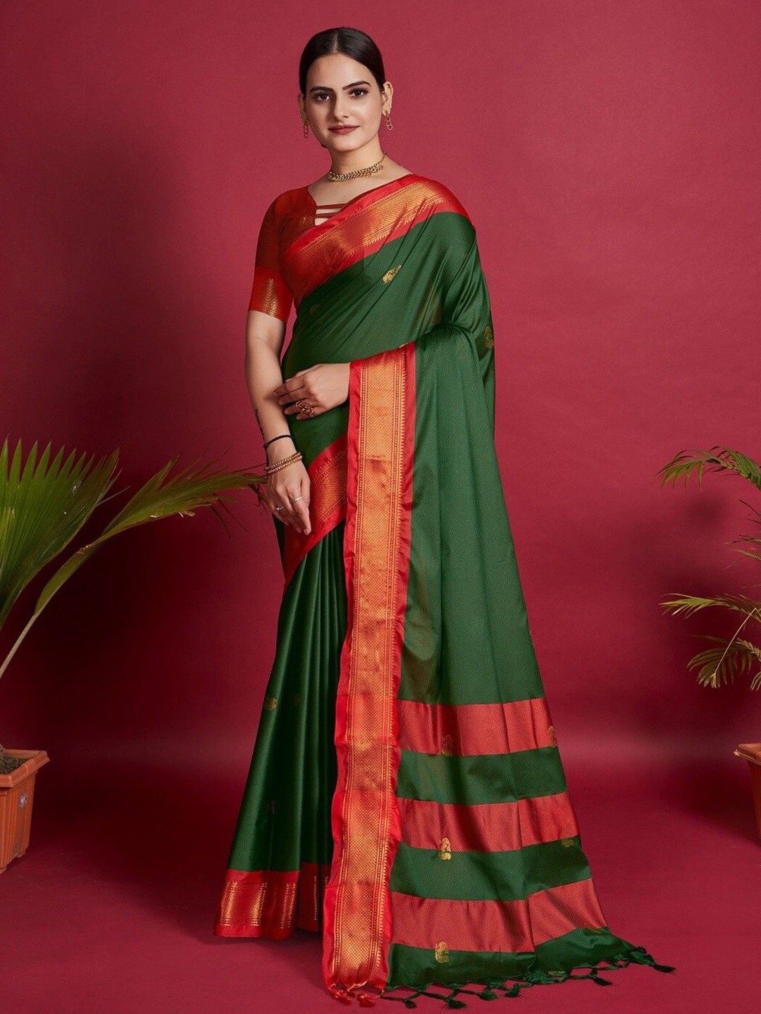 

yourwish Ethnic Motifs Zari Silk Cotton Ikat Saree, Green