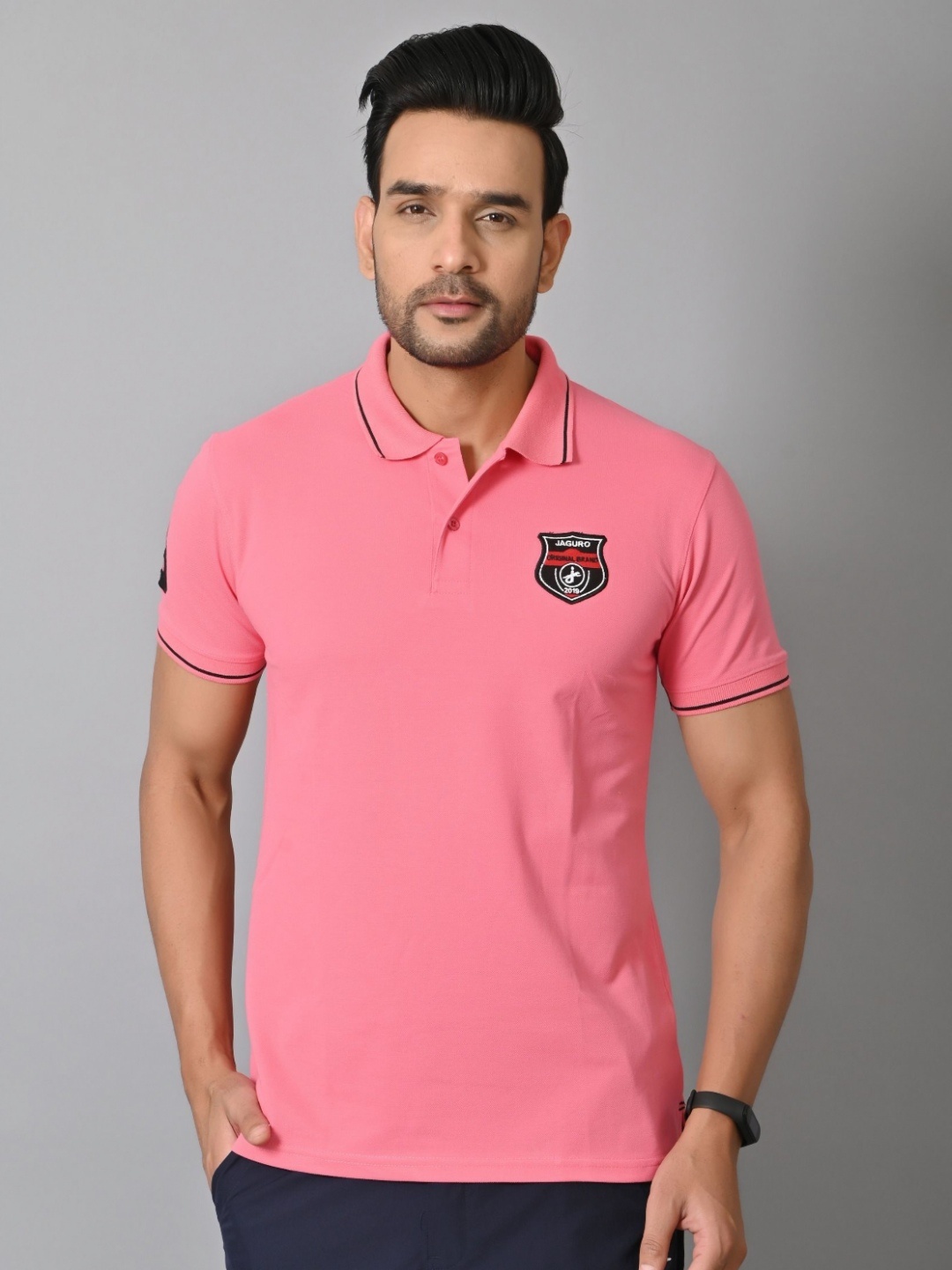 

JAGURO Men Polo Collar Applique T-shirt, Pink