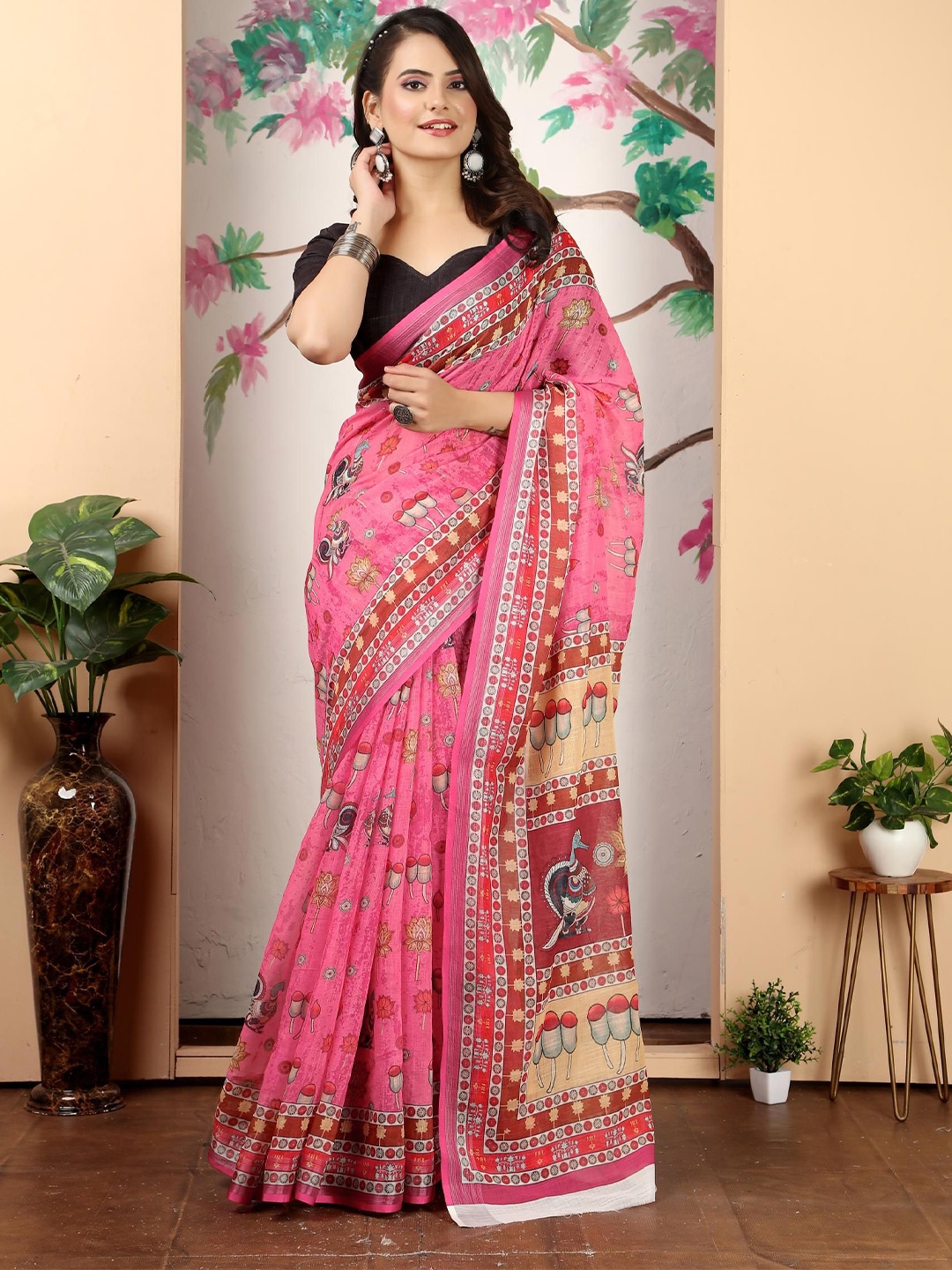 

KALINI Ethnic Motifs Zari Linen Blend Khadi Saree, Pink