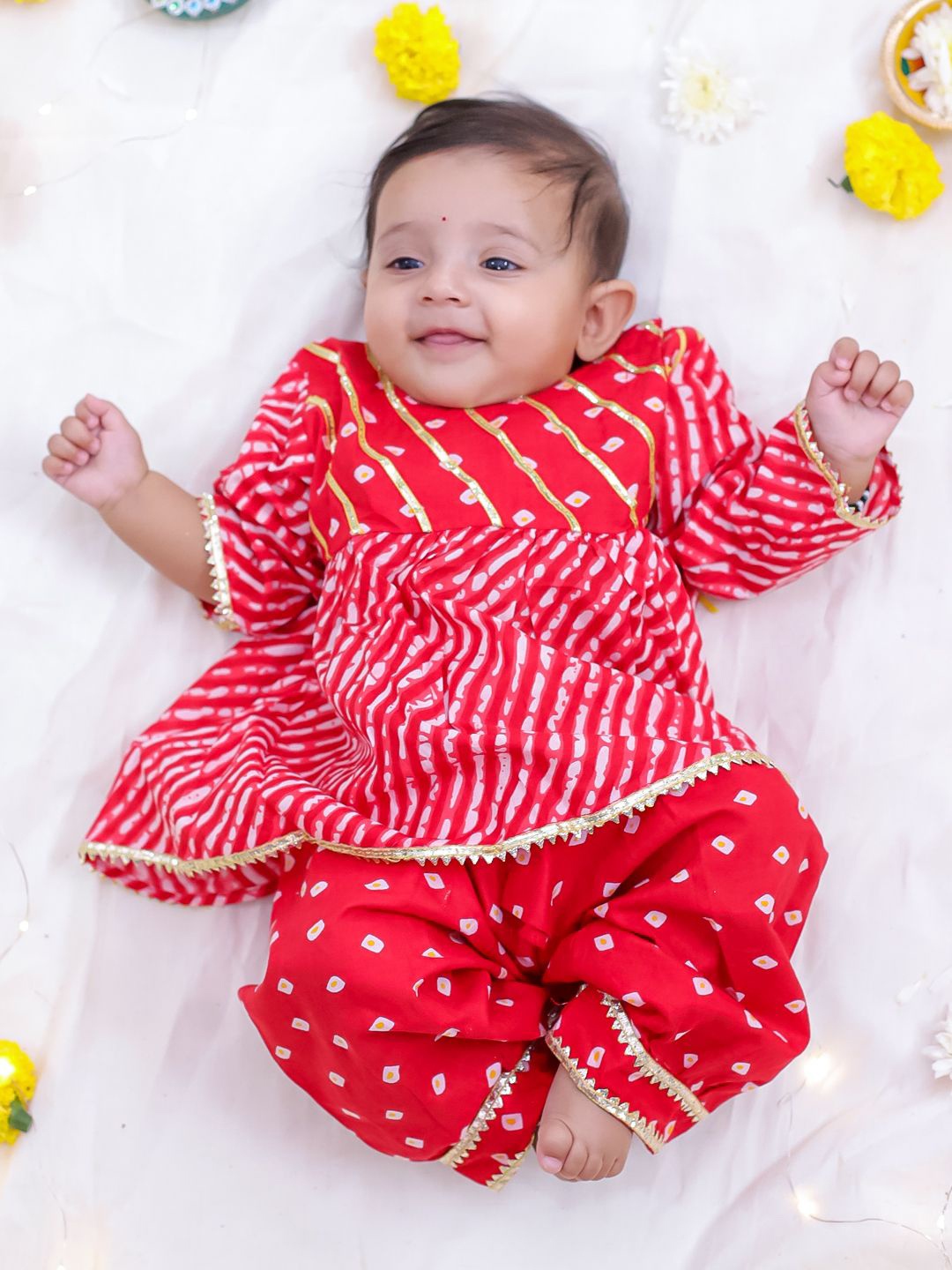 

KID1 Girls Leheriya Printed Gotta Patti Pure Cotton Kurti With Trousers, Red