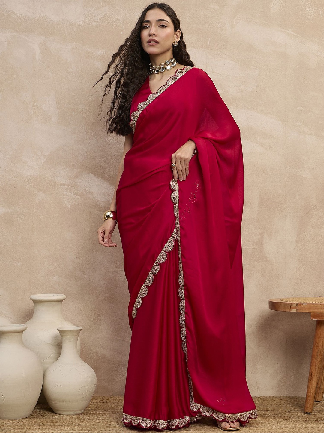 

all about you Women Sequinned Border Satin Saree, Red
