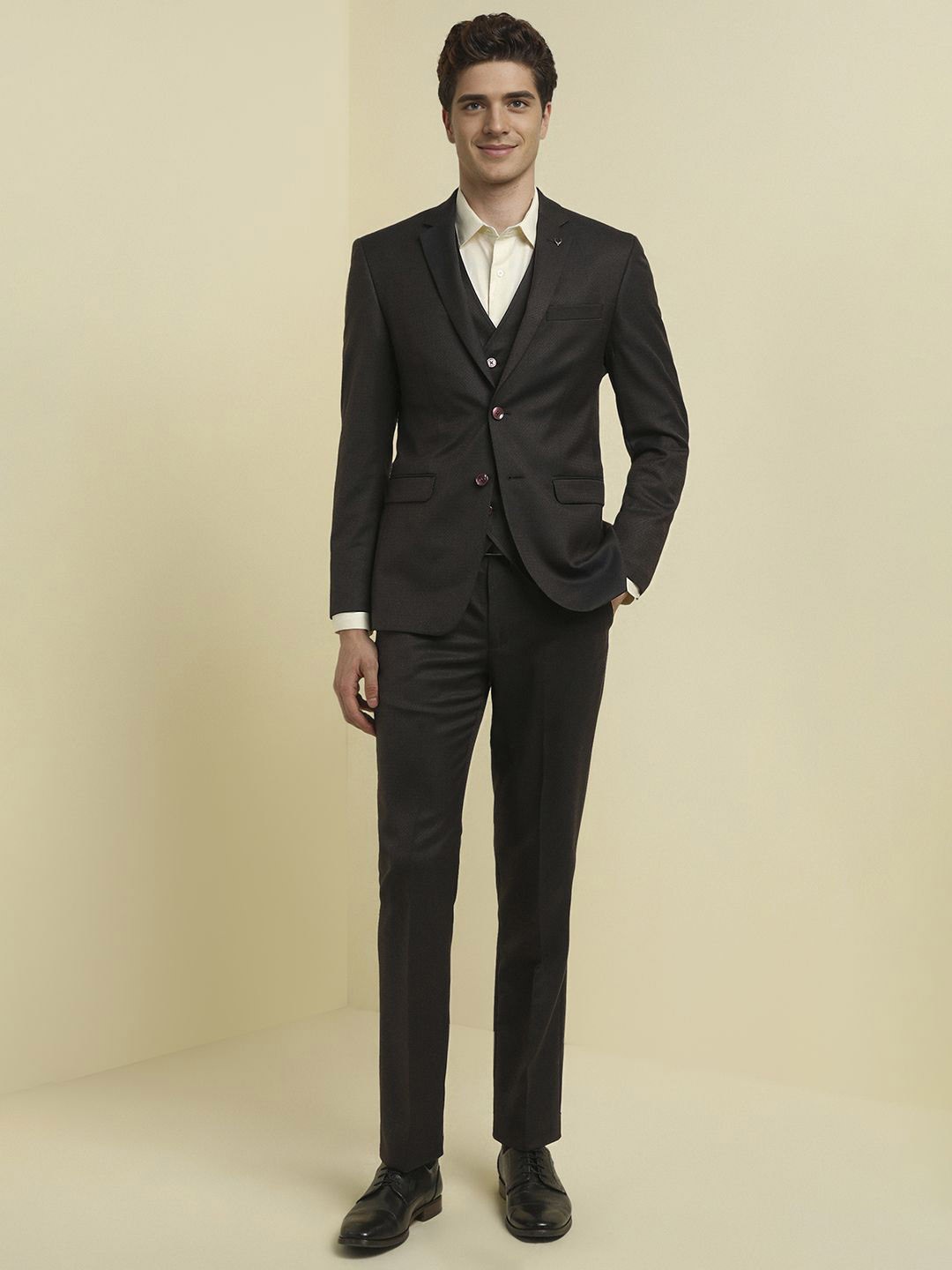 

Allen Solly Men Slim-Fit Single-Breasted Three-Piece Suits, Charcoal