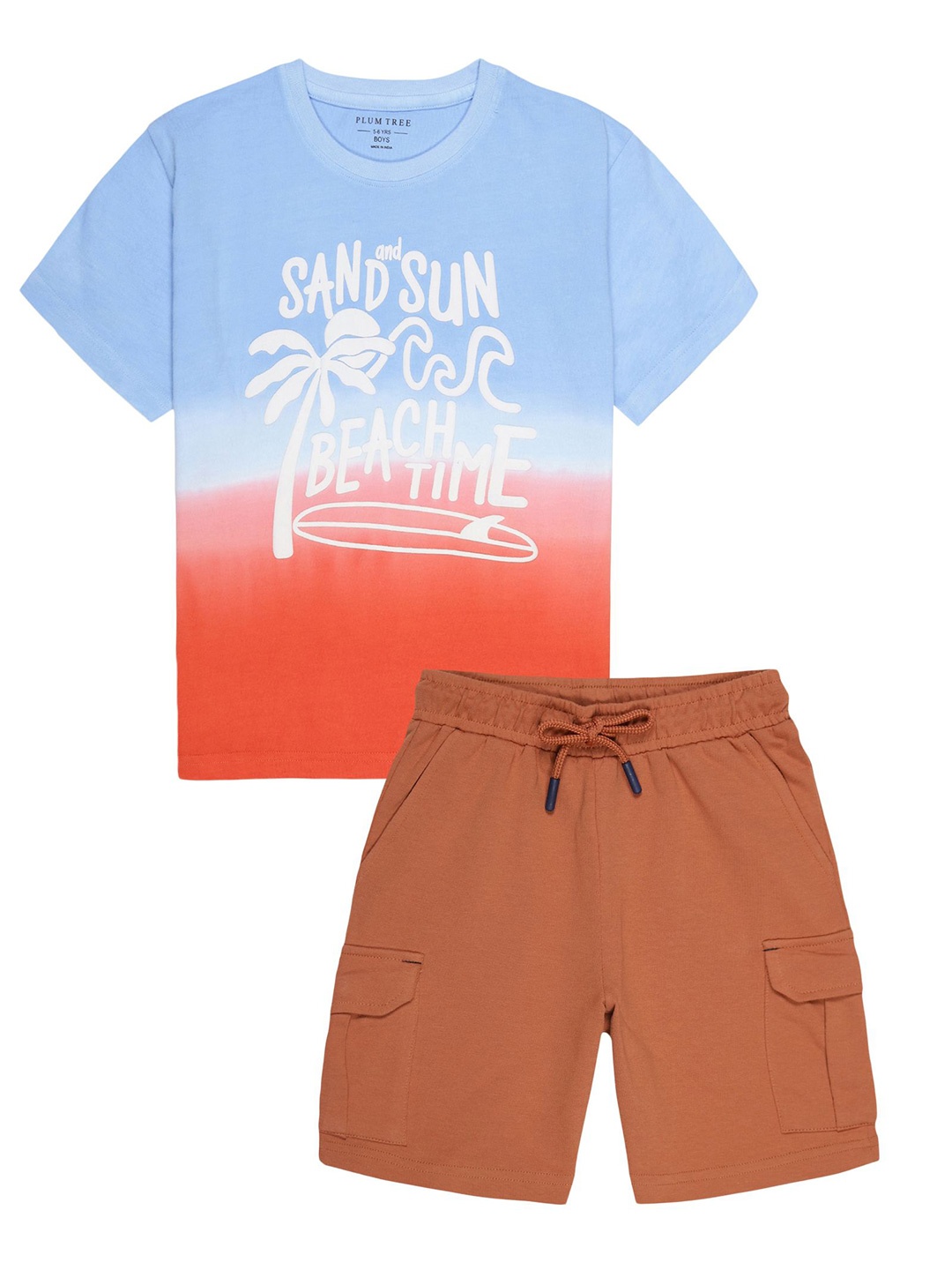 

PLUM TREE Boys Printed Round Neck Pure Cotton T-Shirt With Shorts, Off white