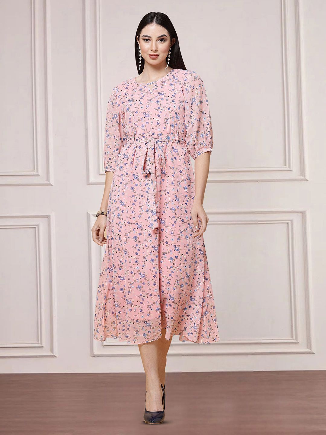 

Moda Rapido Floral Print Applique Fit & Flare Dress, Pink