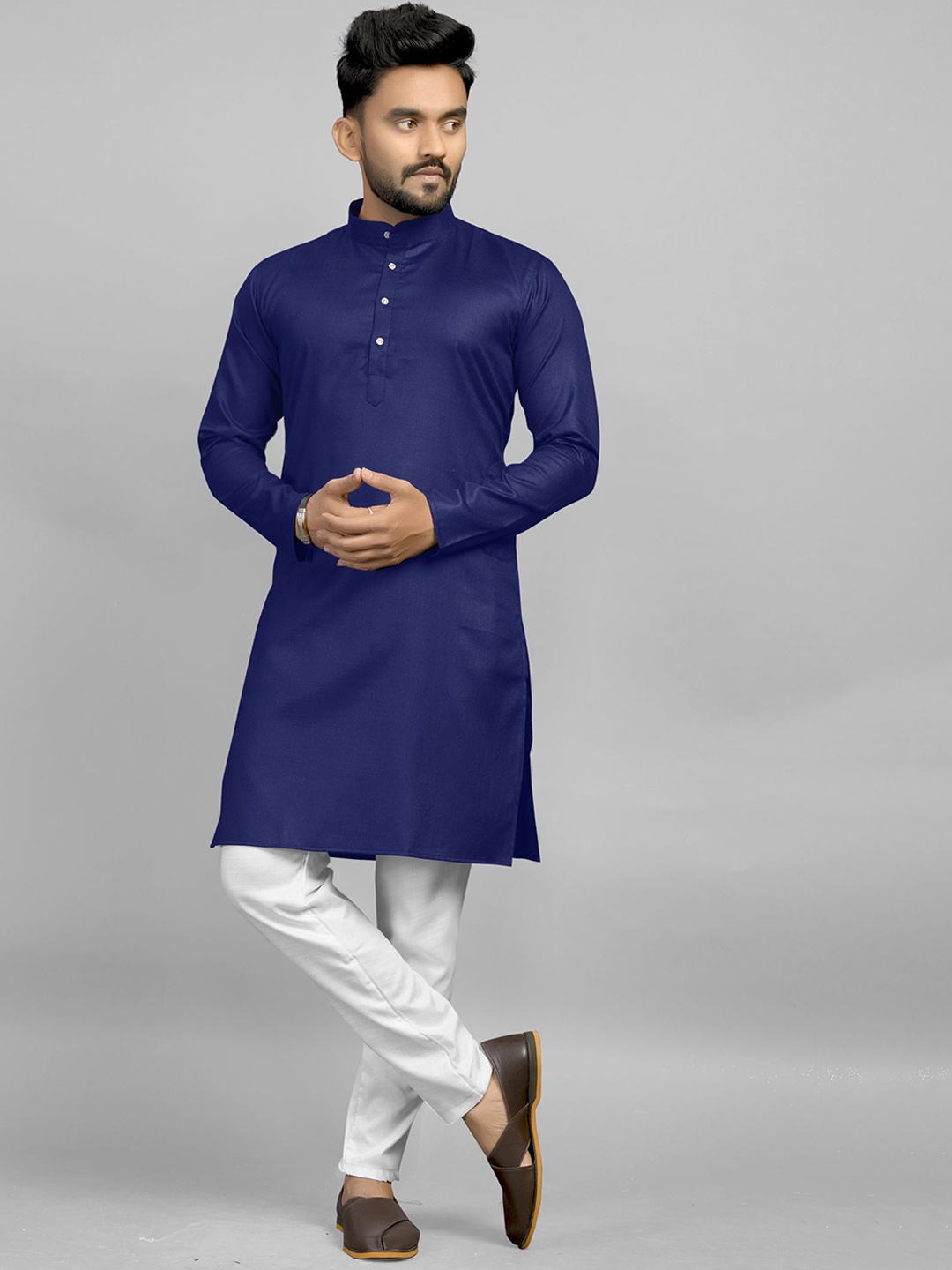 

Fashion FRICKS Band Collar Cotton Straight Kurta, Navy blue