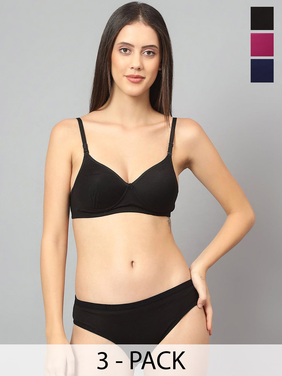 

Designer Bugs Pack Of 3 Cotton Non Padded Non Wired Lingerie Set NPLS-B-O-G-30B, Black