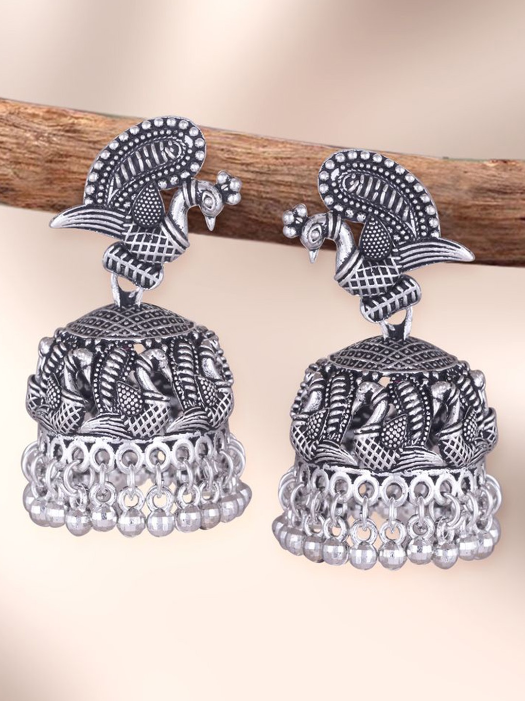 

MEENAZ Silver-Plated Oxidised Dome Shaped Jhumkas