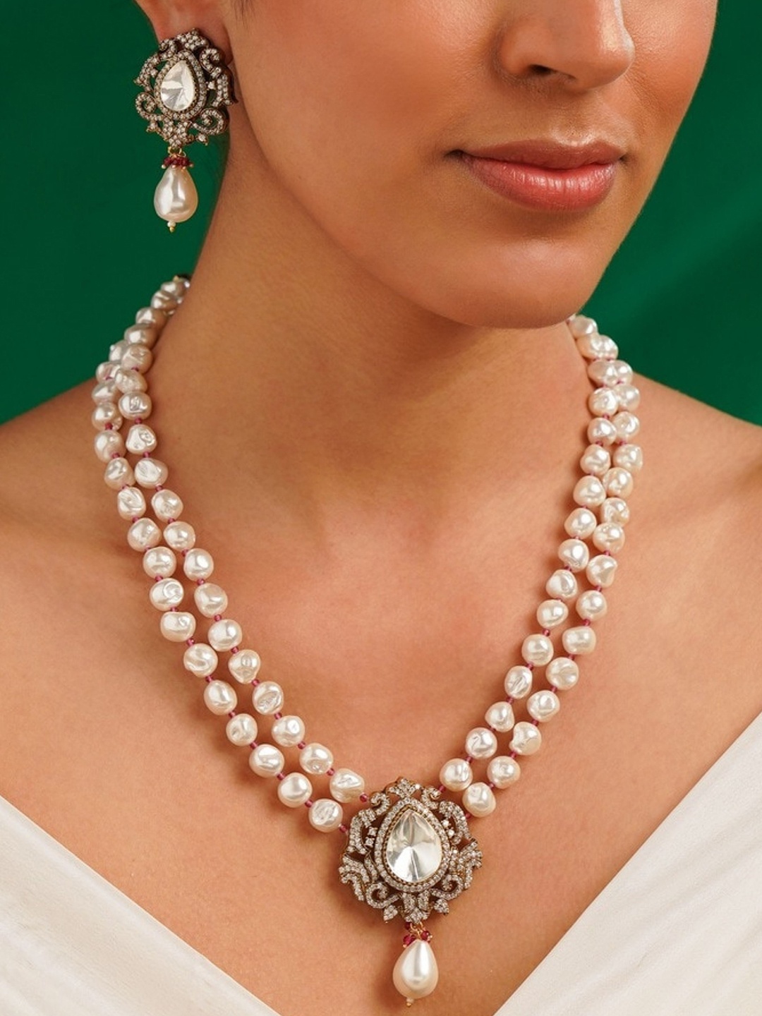 

ABDESIGNS Enchanting Gold Plated Polki American Diamond Jewellery Set