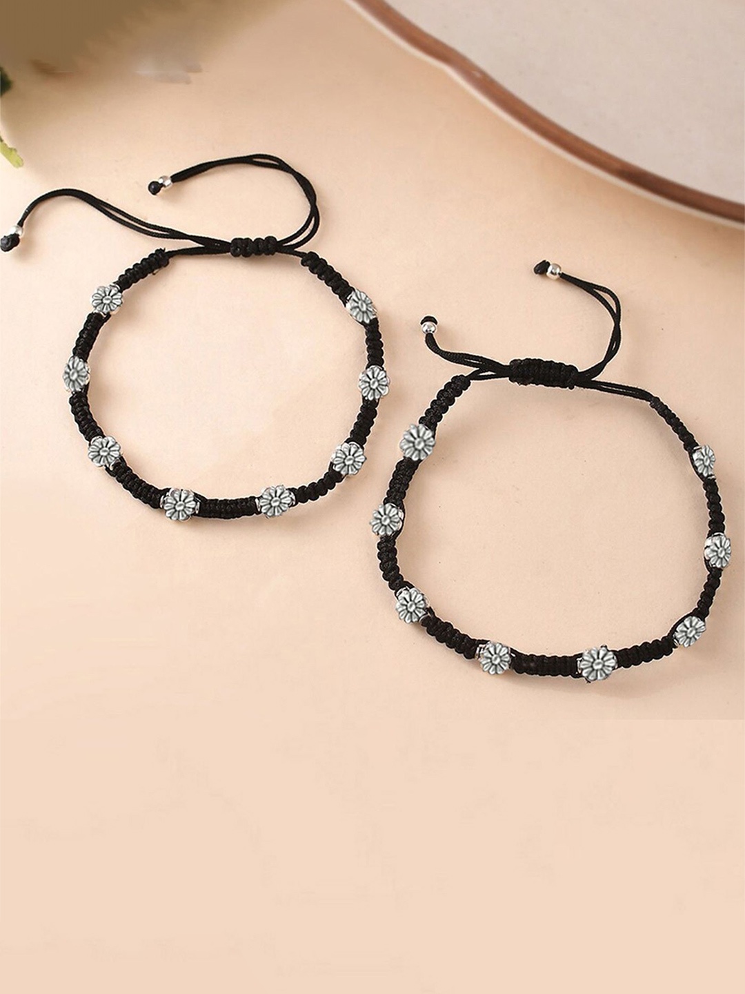 

VAMA Set of 2 Silver-Plated Adjustable Black Thread Anklet