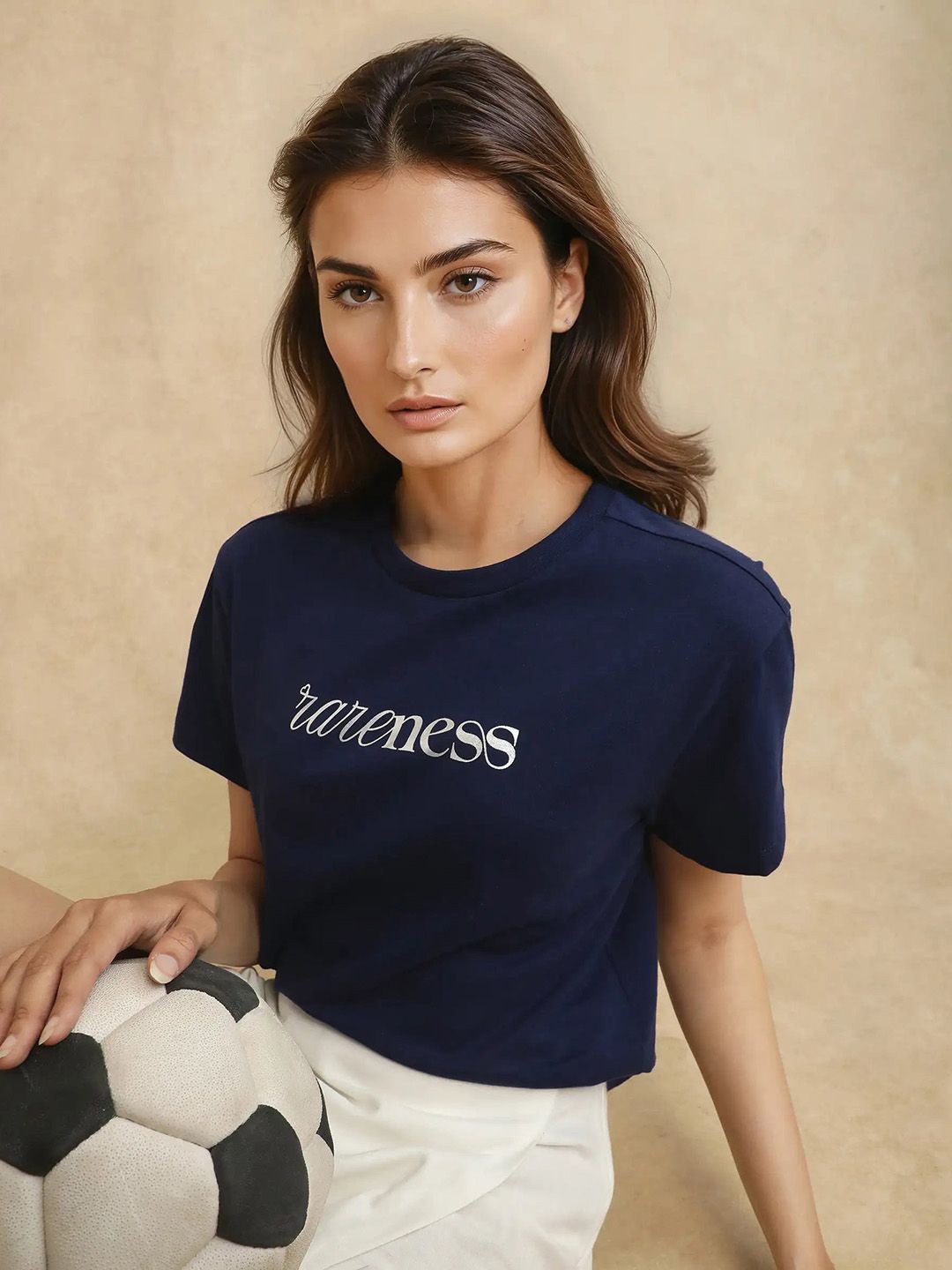 

RAREISM Women Typography Printed Pockets T-shirt, Navy blue