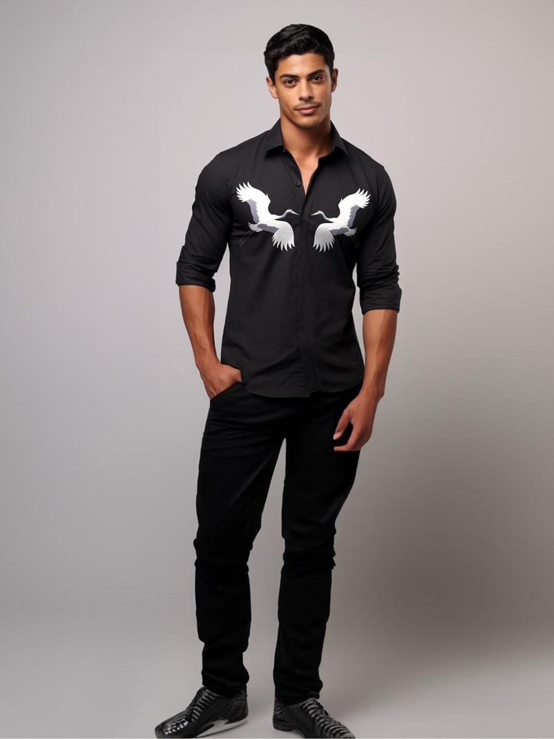 

HE SPOKE Men Smart Tailored Fit Opaque Printed Casual Shirt, Black