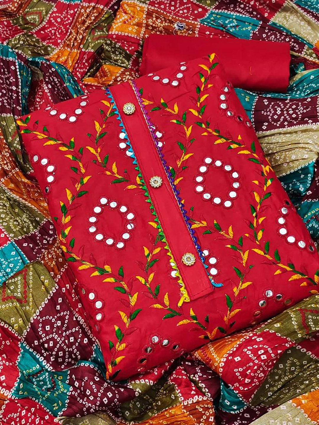 

SAINOOR Floral Embroidered Mirror Work Pure Cotton Semi-Stitched Dress Material, Red