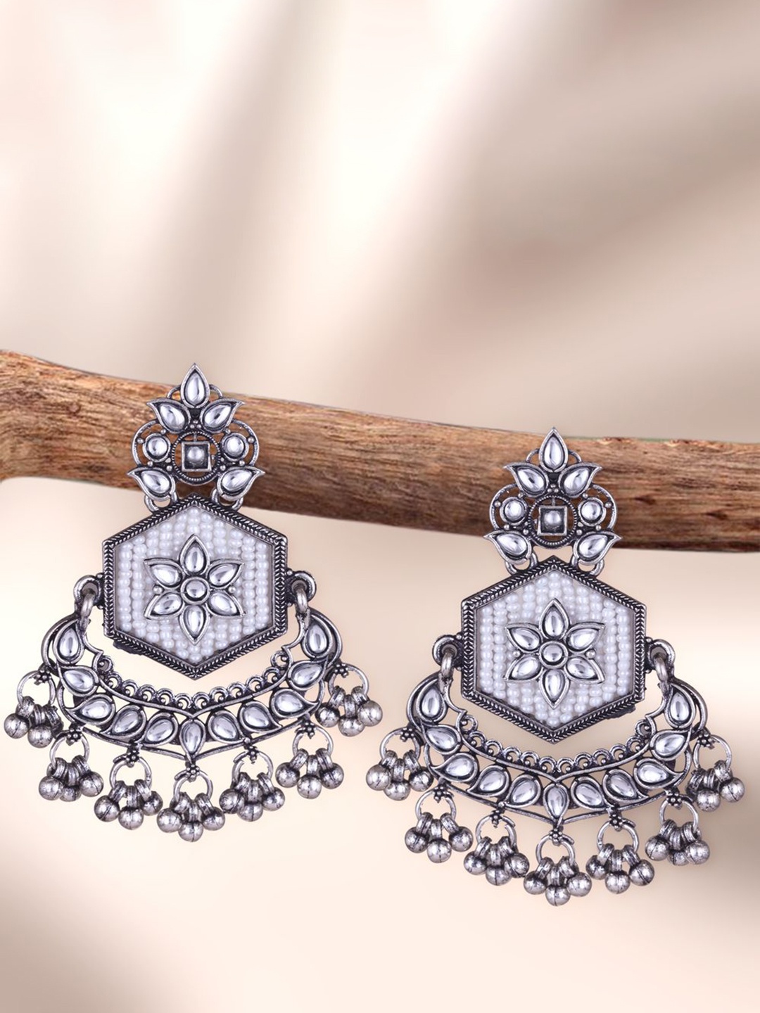 

MEENAZ Silver-Plated Oxidised Stone Studded & Beaded Contemporary Shaped Drop Earrings