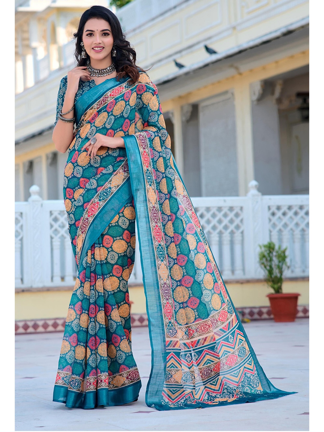 

KALINI Floral Printed Zari Saree, Teal