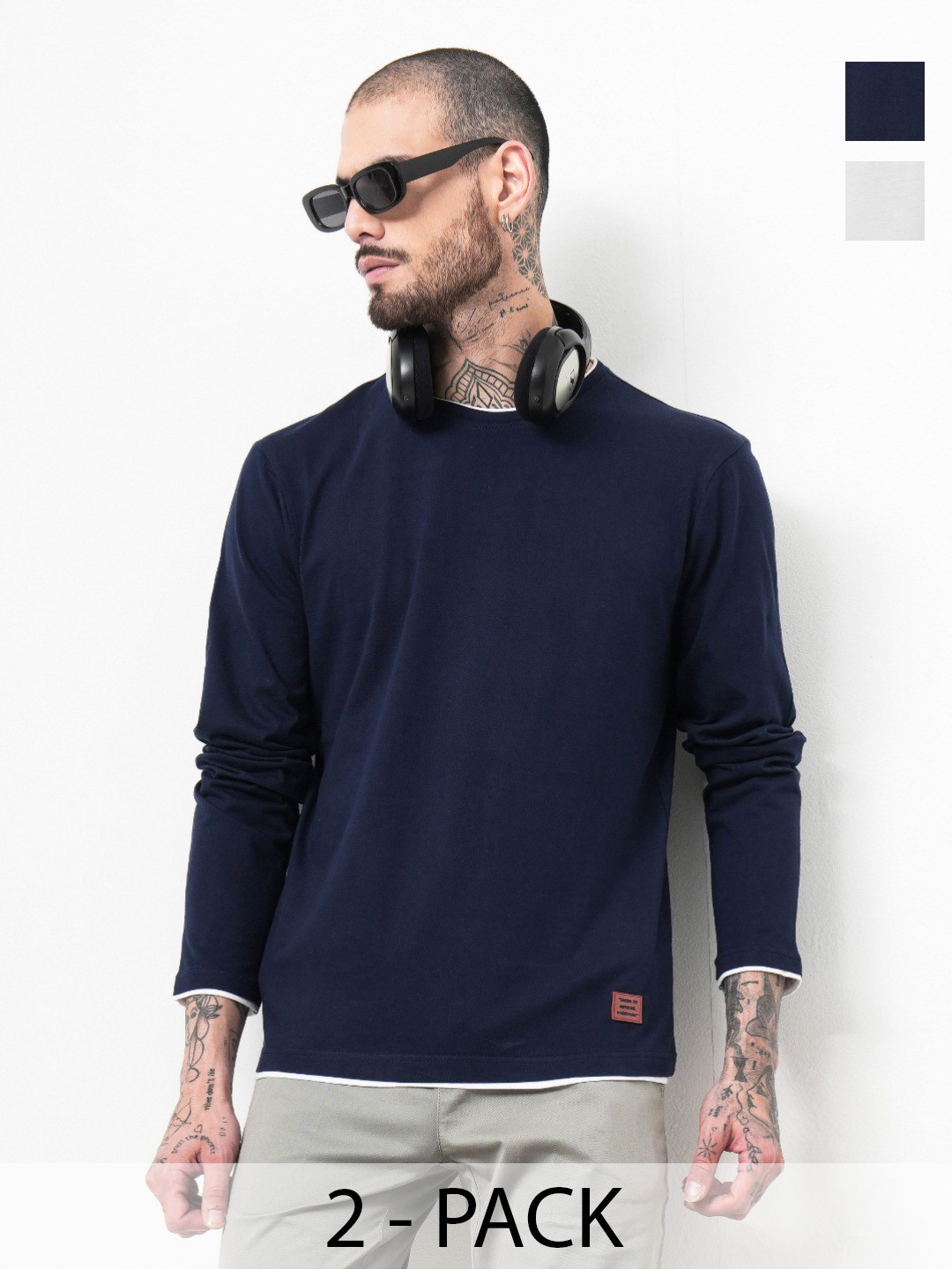 

Genoa Men Pack of 2 Solid Round Neck Cotton T-shirts, Navy blue